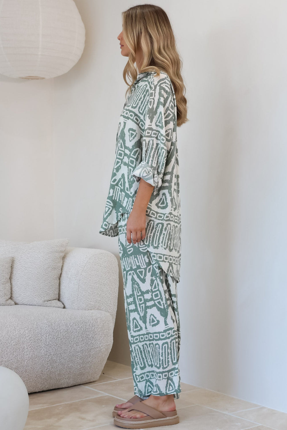 Sibelle Set - Collared Button Down Shirt and Pant Set in Sonnet Print Sage