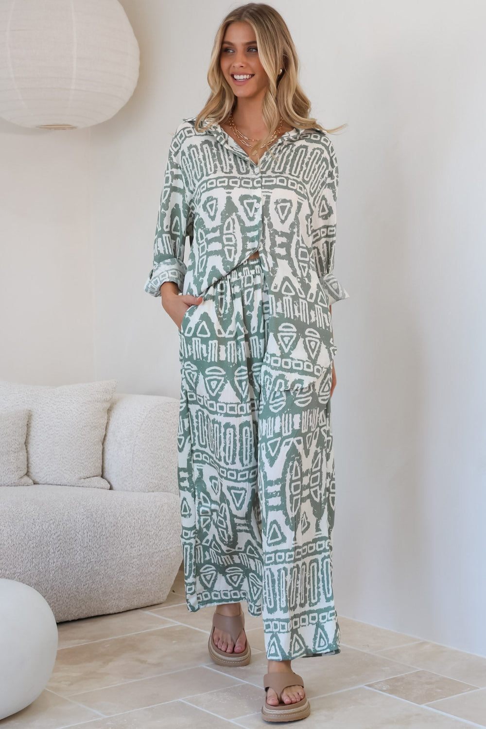 Sibelle Set - Collared Button Down Shirt and Pant Set in Sonnet Print Sage