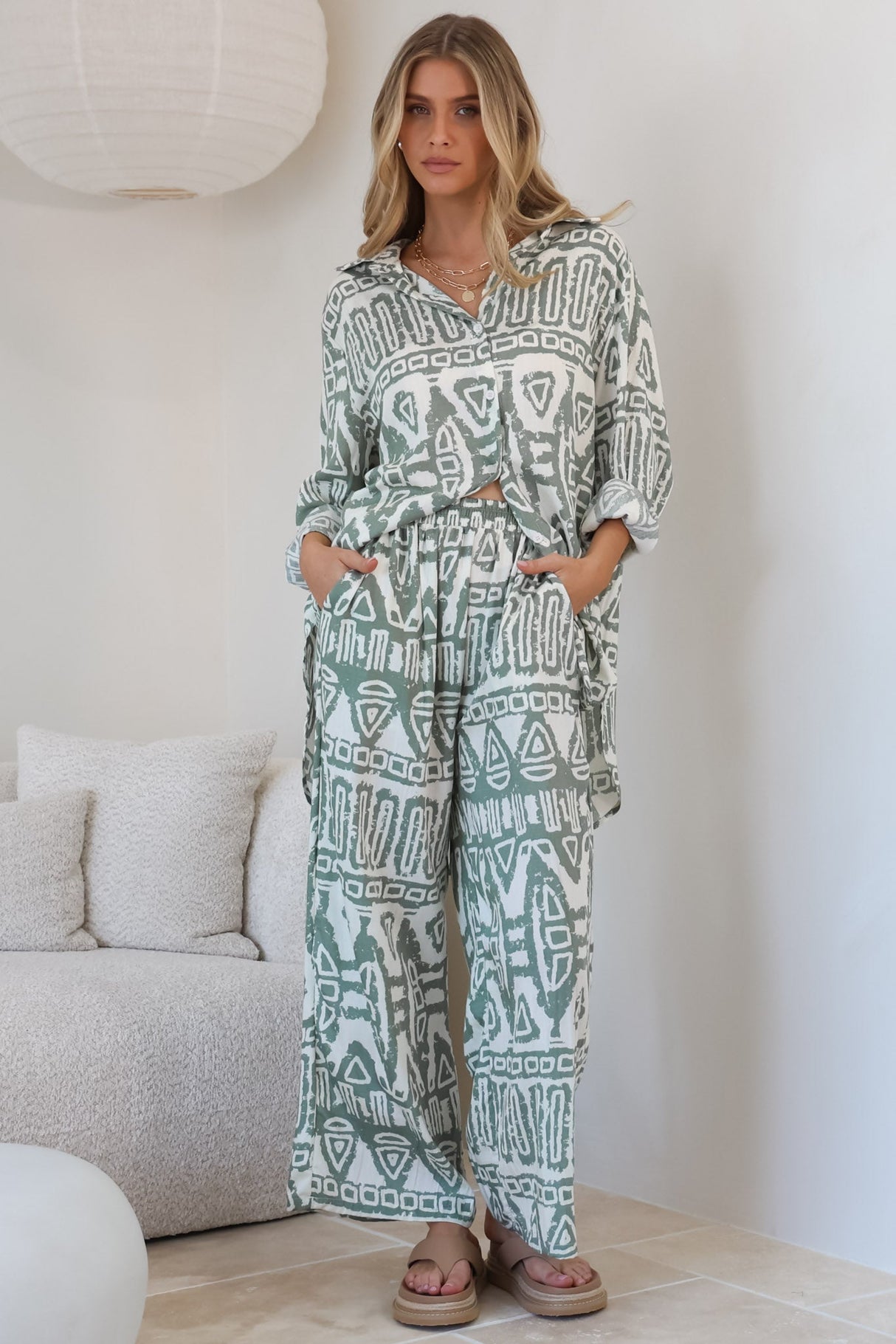 Sibelle Set - Collared Button Down Shirt and Pant Set in Sonnet Print Sage