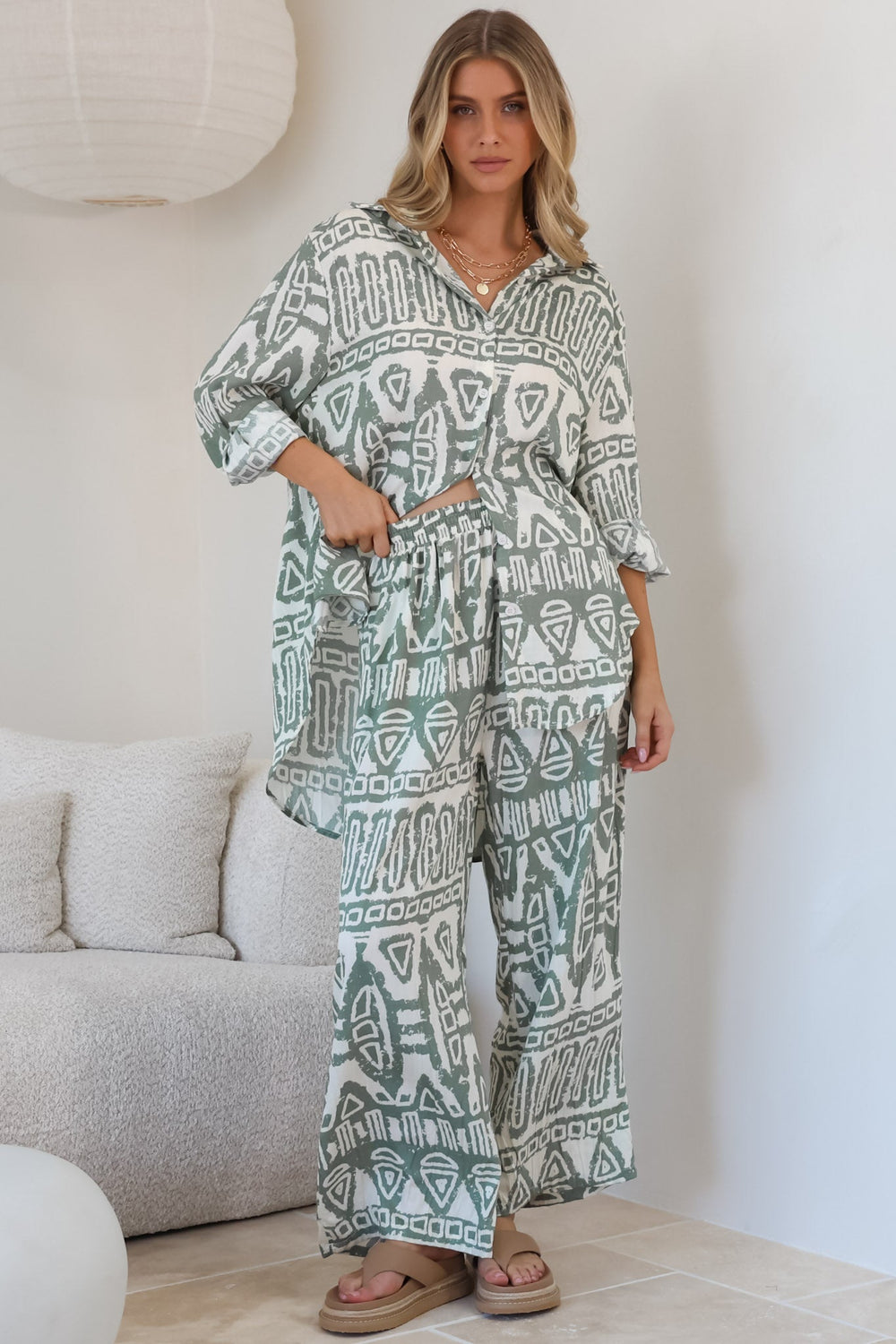 Sibelle Set - Collared Button Down Shirt and Pant Set in Sonnet Print Sage