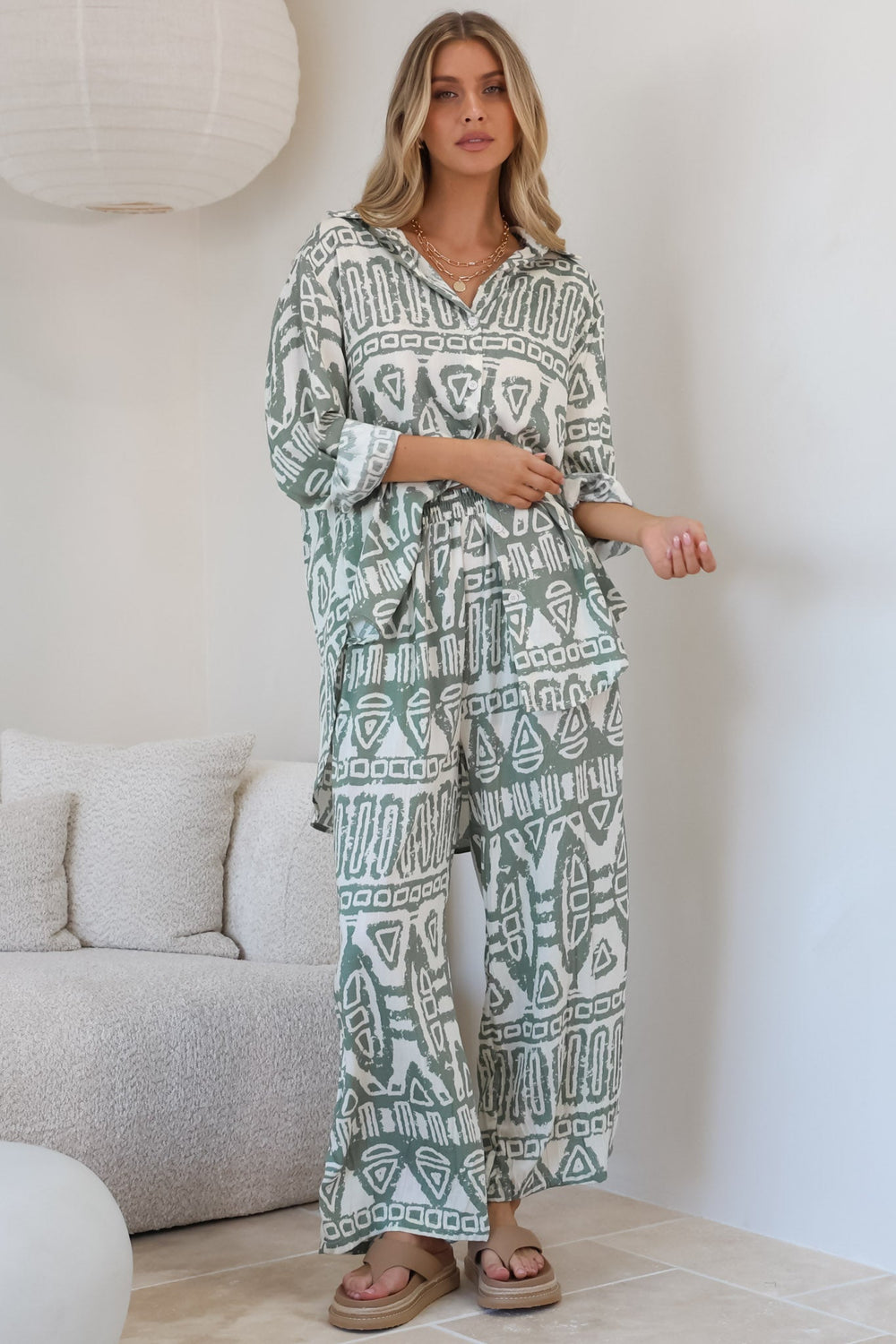 Sibelle Set - Collared Button Down Shirt and Pant Set in Sonnet Print Sage