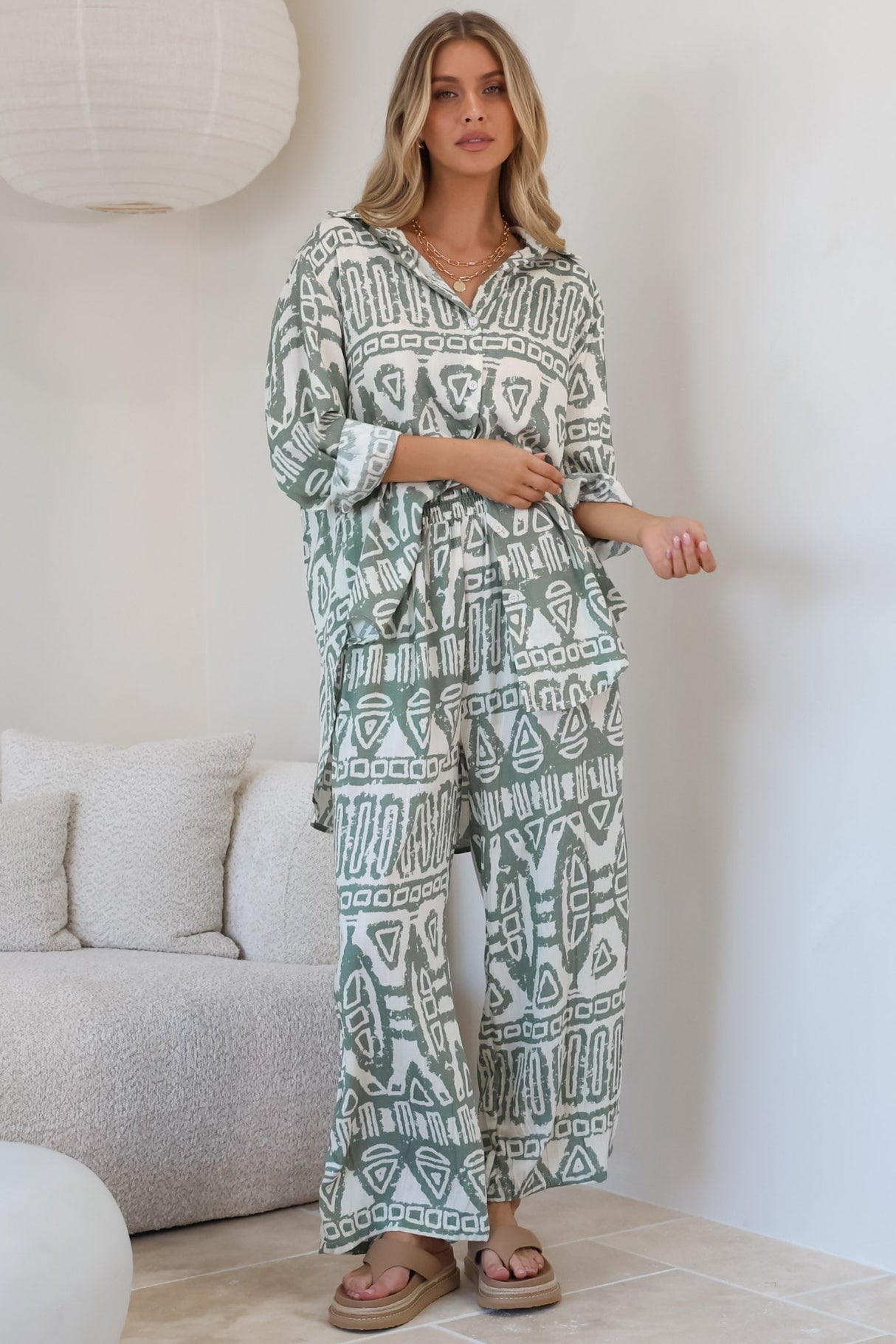 Sibelle Set - Collared Button Down Shirt and Pant Set in Sonnet Print Sage