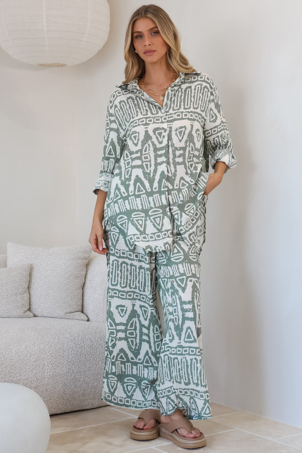 Sibelle Set - Collared Button Down Shirt and Pant Set in Sonnet Print Sage