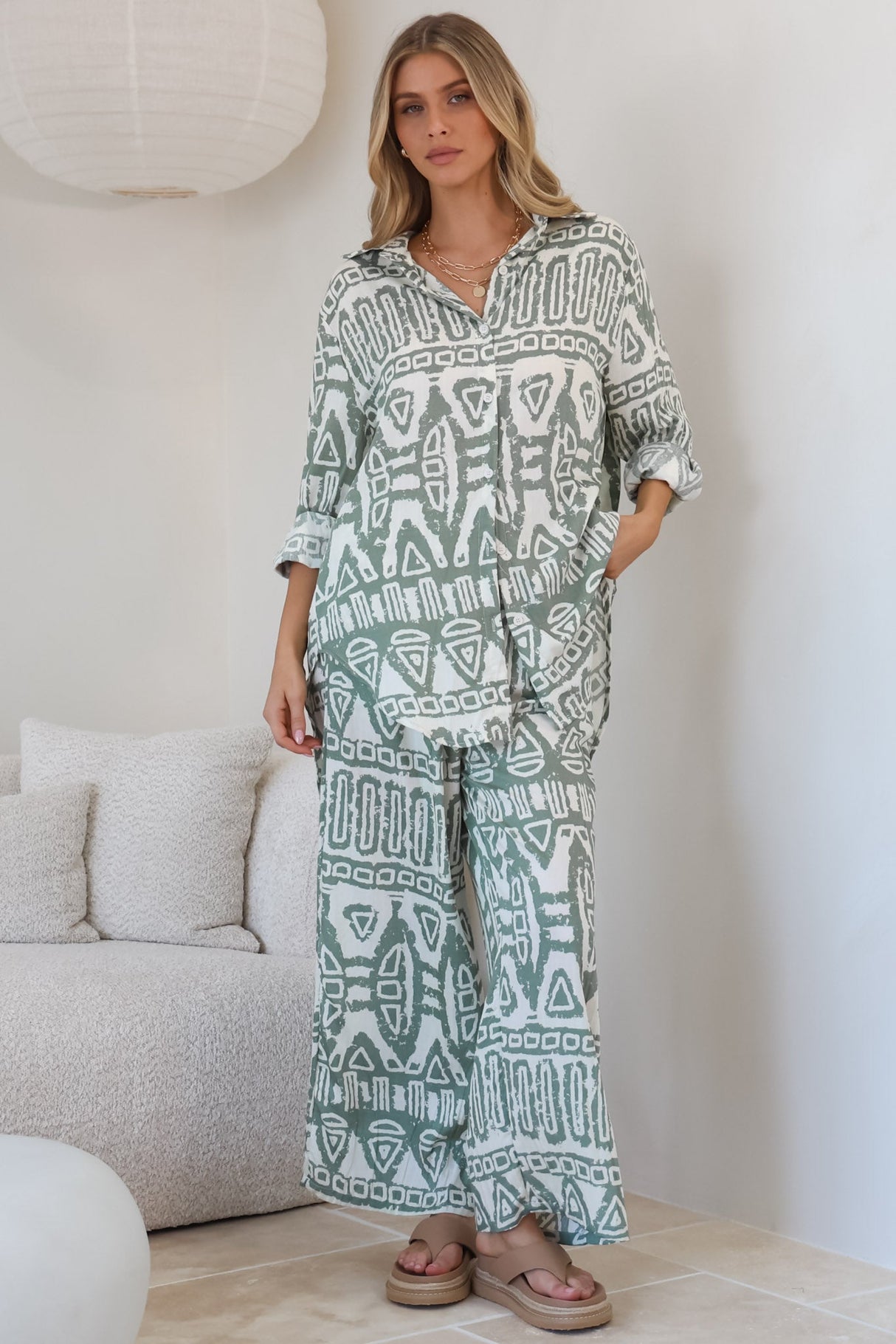 Sibelle Set - Collared Button Down Shirt and Pant Set in Sonnet Print Sage