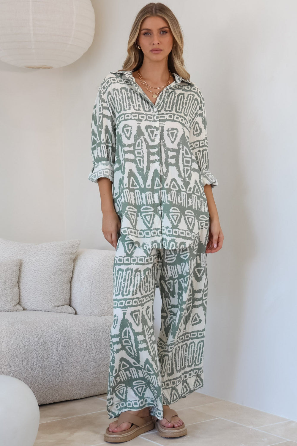 Sibelle Set - Collared Button Down Shirt and Pant Set in Sonnet Print Sage