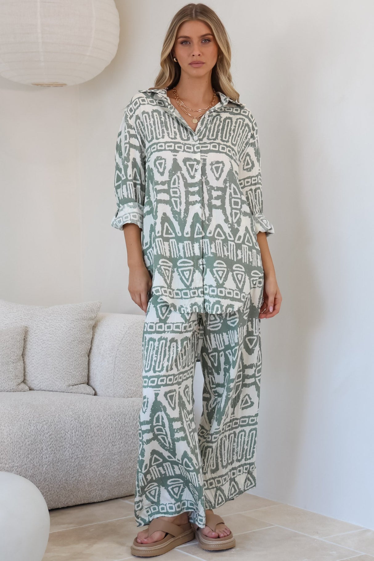 Sibelle Set - Collared Button Down Shirt and Pant Set in Sonnet Print Sage