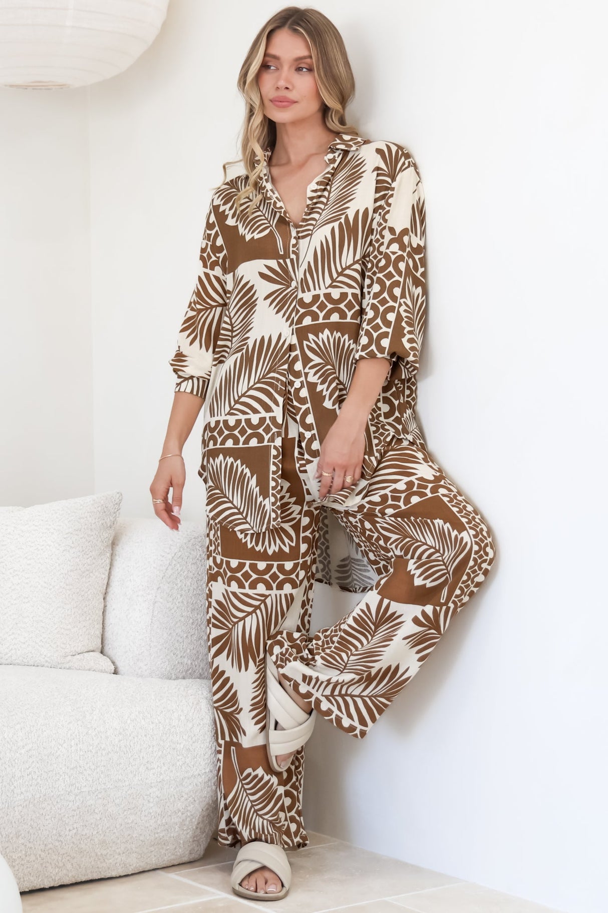 Sibelle Set - Collared Button Down Shirt and Pant Set in Sunny Print Coffee