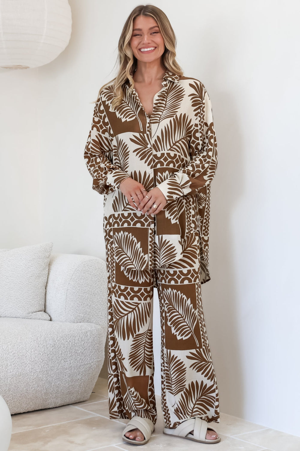 Sibelle Set - Collared Button Down Shirt and Pant Set in Sunny Print Coffee