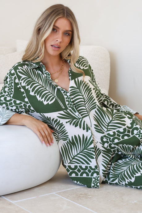 Sibelle Set - Collared Button Down Shirt and Pant Set in Sunny Print Green