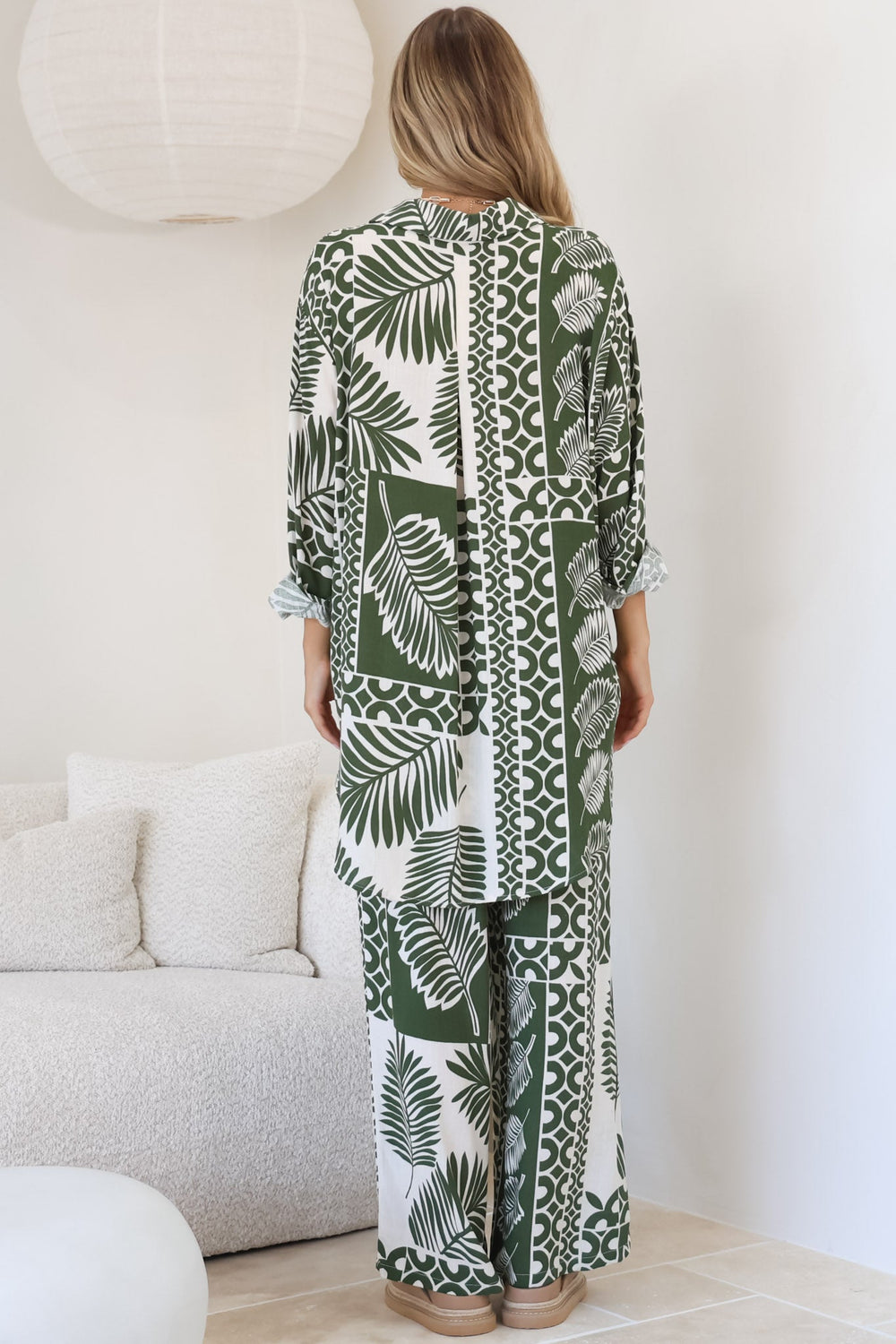 Sibelle Set - Collared Button Down Shirt and Pant Set in Sunny Print Green