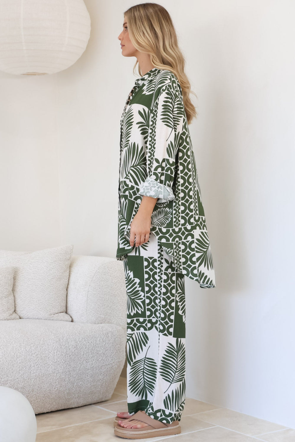 Sibelle Set - Collared Button Down Shirt and Pant Set in Sunny Print Green
