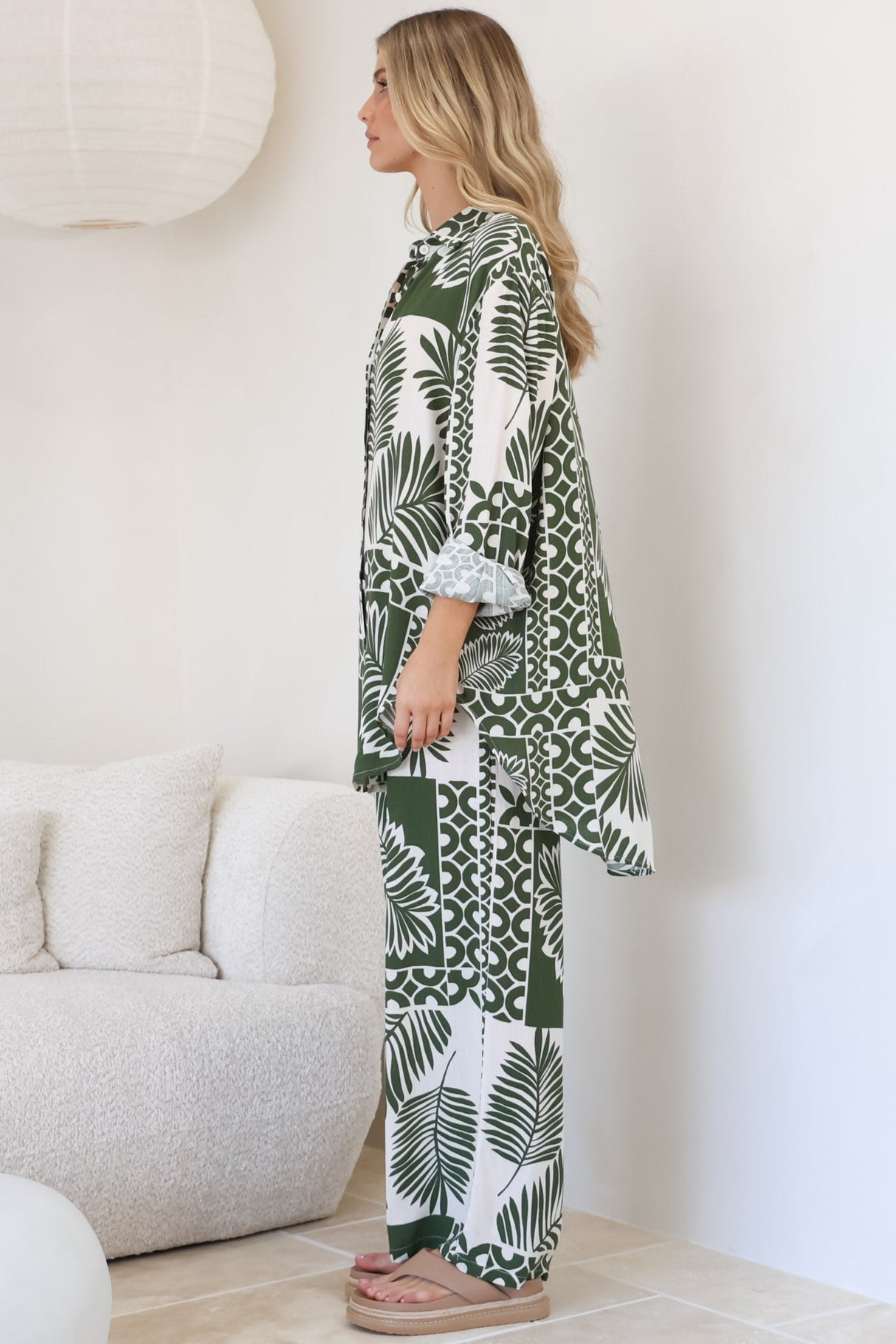 Sibelle Set - Collared Button Down Shirt and Pant Set in Sunny Print Green