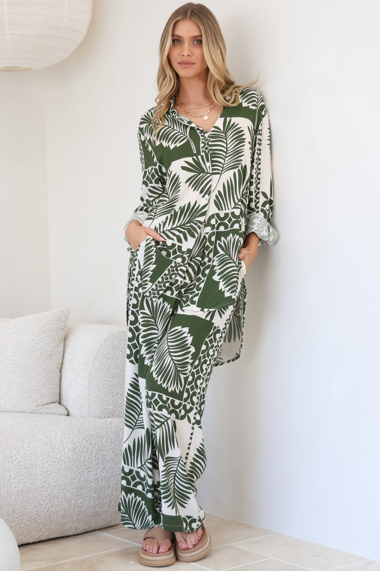 Sibelle Set - Collared Button Down Shirt and Pant Set in Sunny Print Green