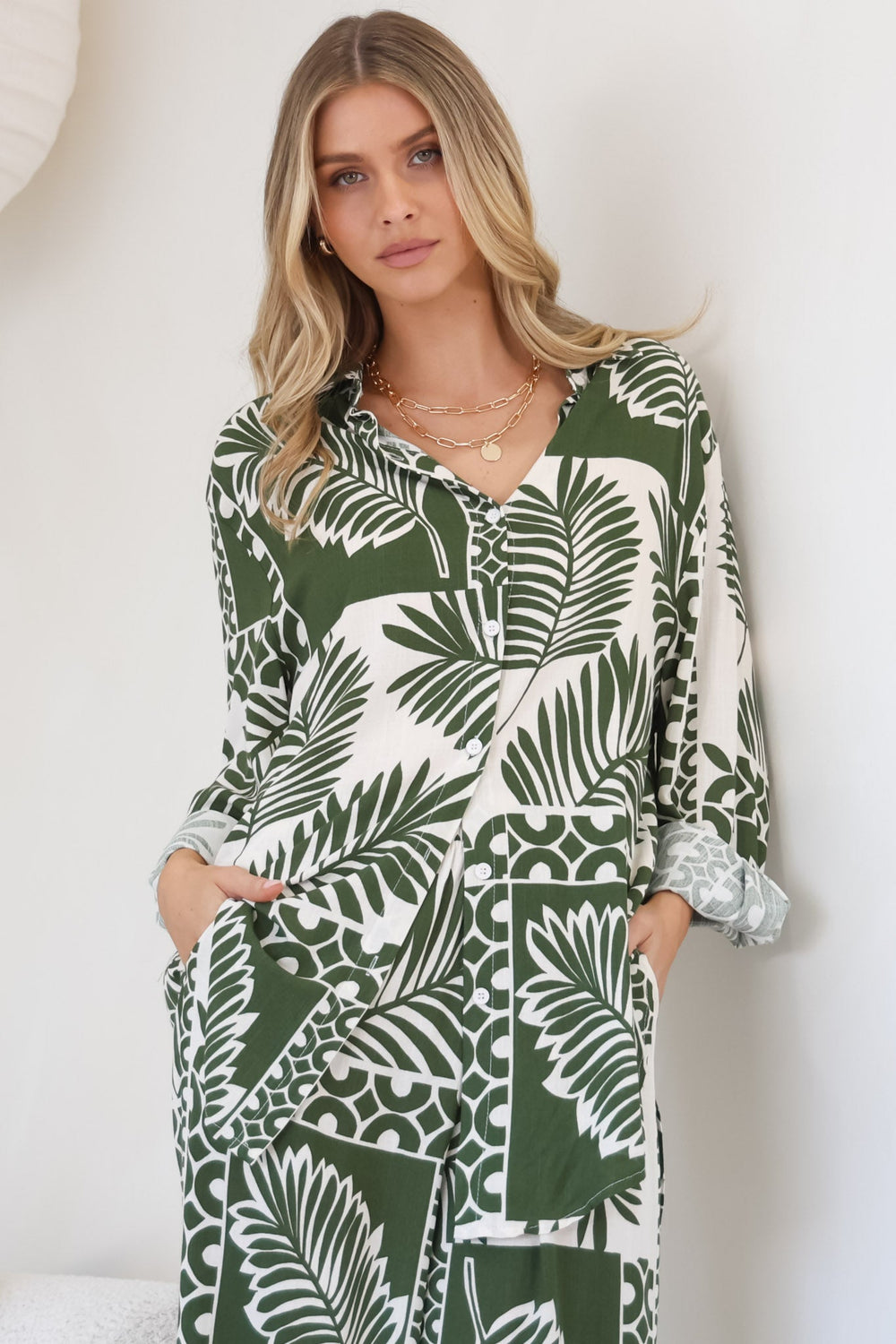 Sibelle Set - Collared Button Down Shirt and Pant Set in Sunny Print Green