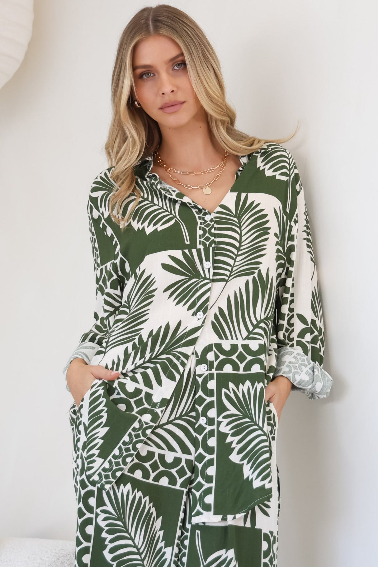 Sibelle Set - Collared Button Down Shirt and Pant Set in Sunny Print Green