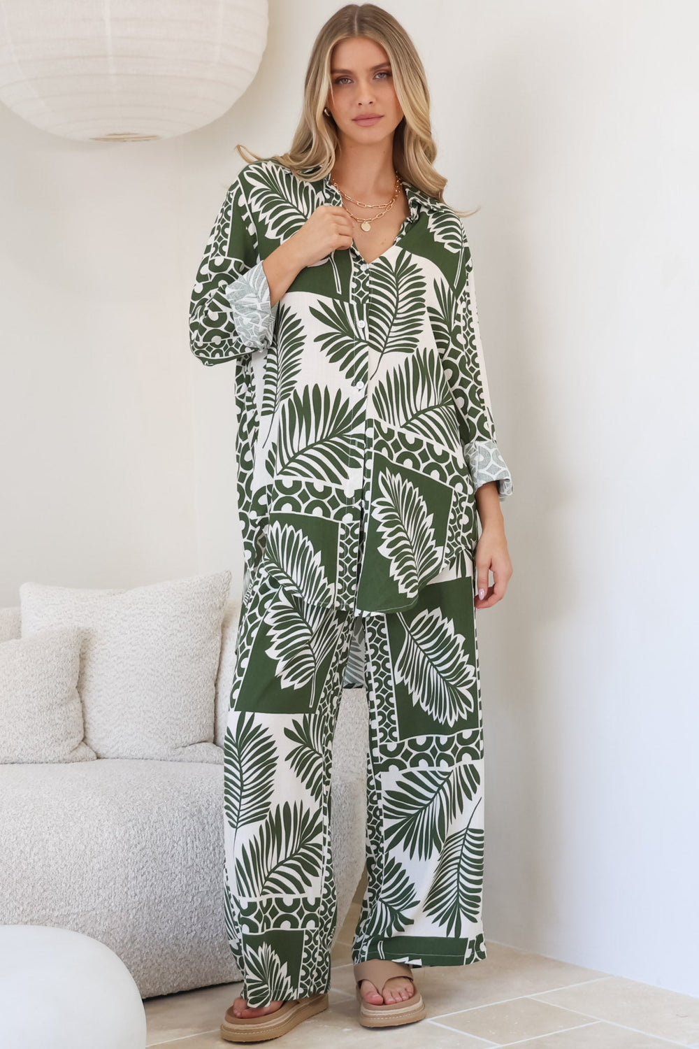Sibelle Set - Collared Button Down Shirt and Pant Set in Sunny Print Green