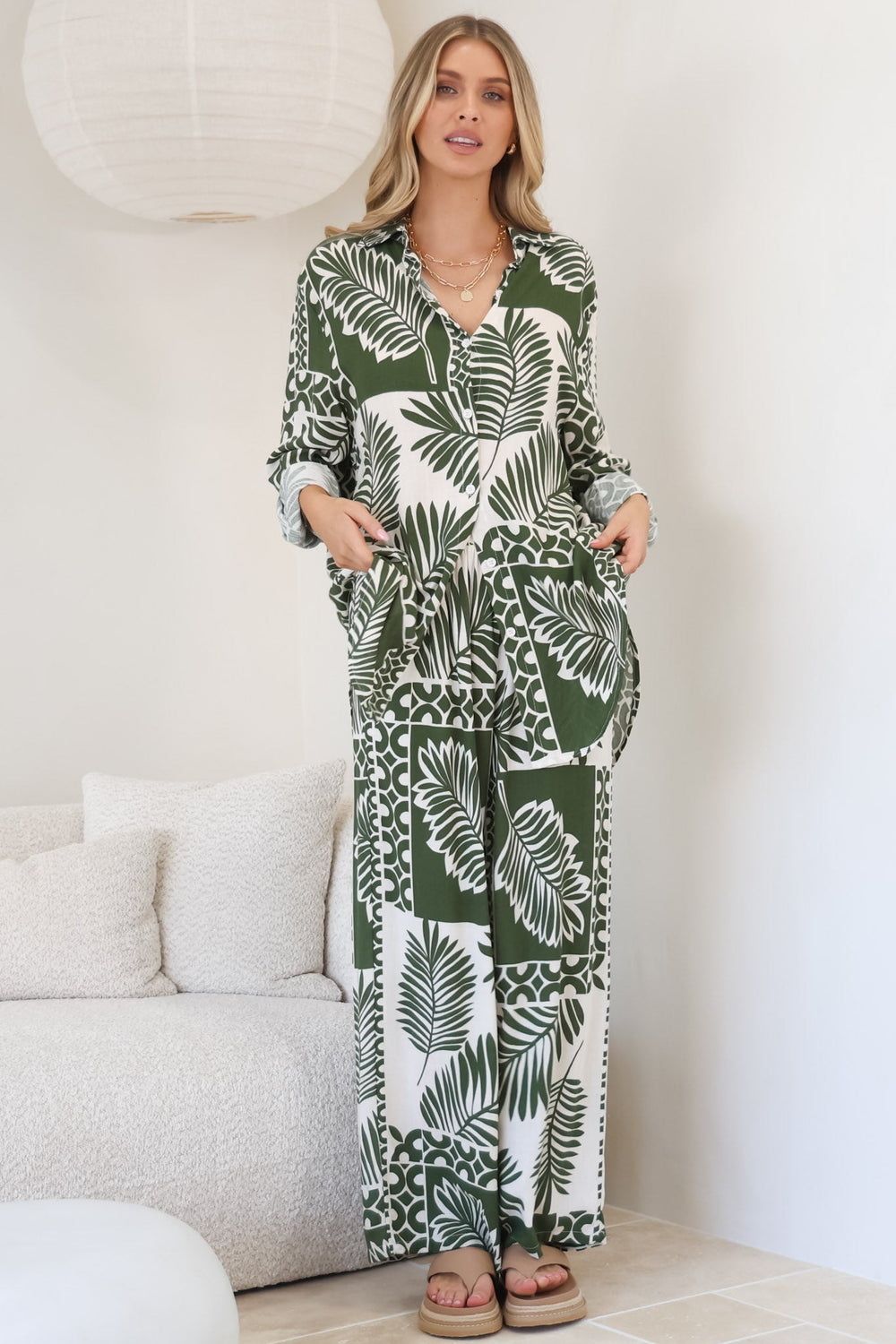 Sibelle Set - Collared Button Down Shirt and Pant Set in Sunny Print Green