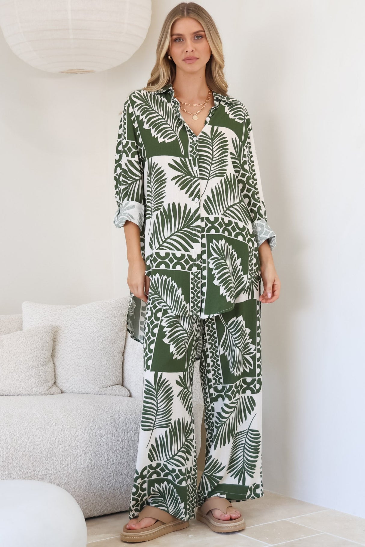 Sibelle Set - Collared Button Down Shirt and Pant Set in Sunny Print Green