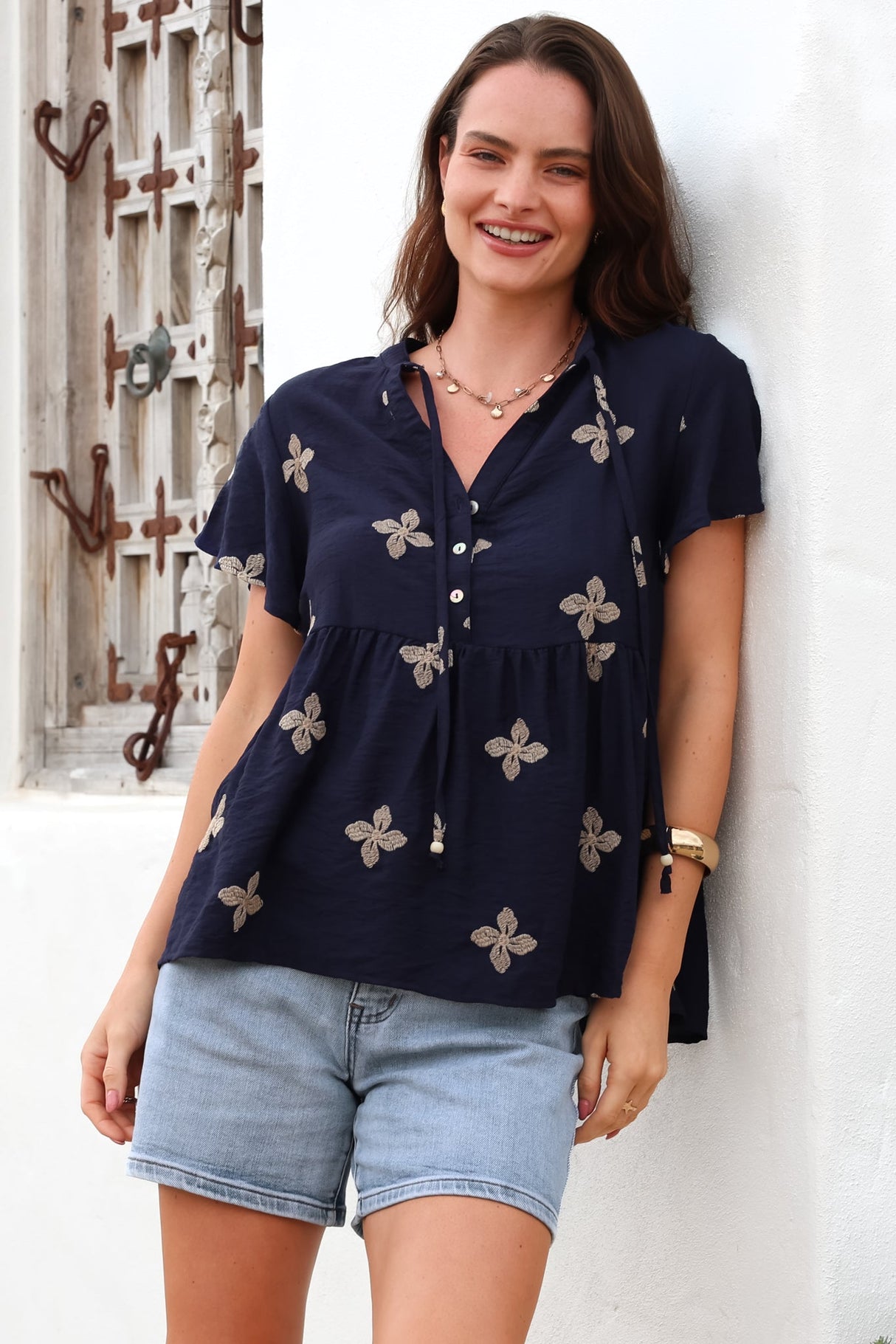 Siempre Top - Mandarin Collar Peplum Hem Top in Gigi Print Navy