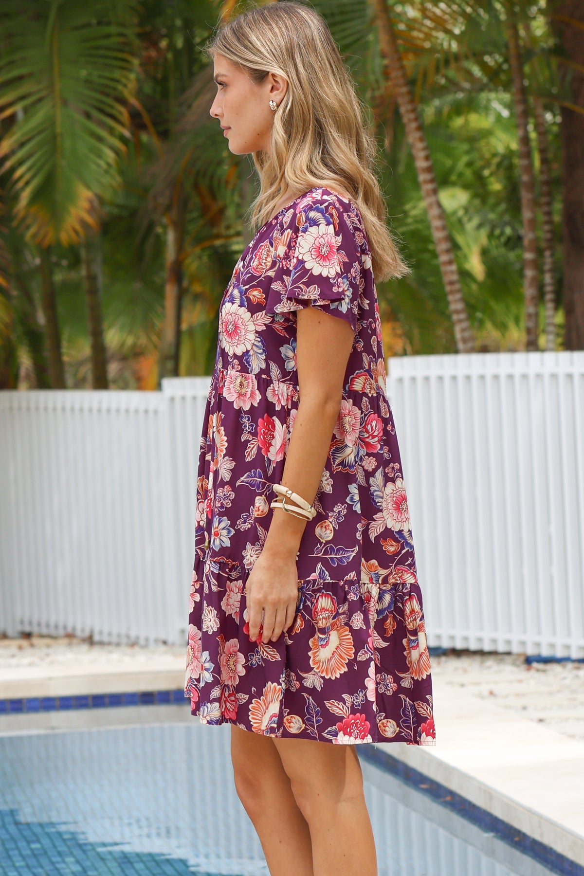 Simone Mini Dress - V Neck Tiered Dress with Flutter Sleeves in Archer Print