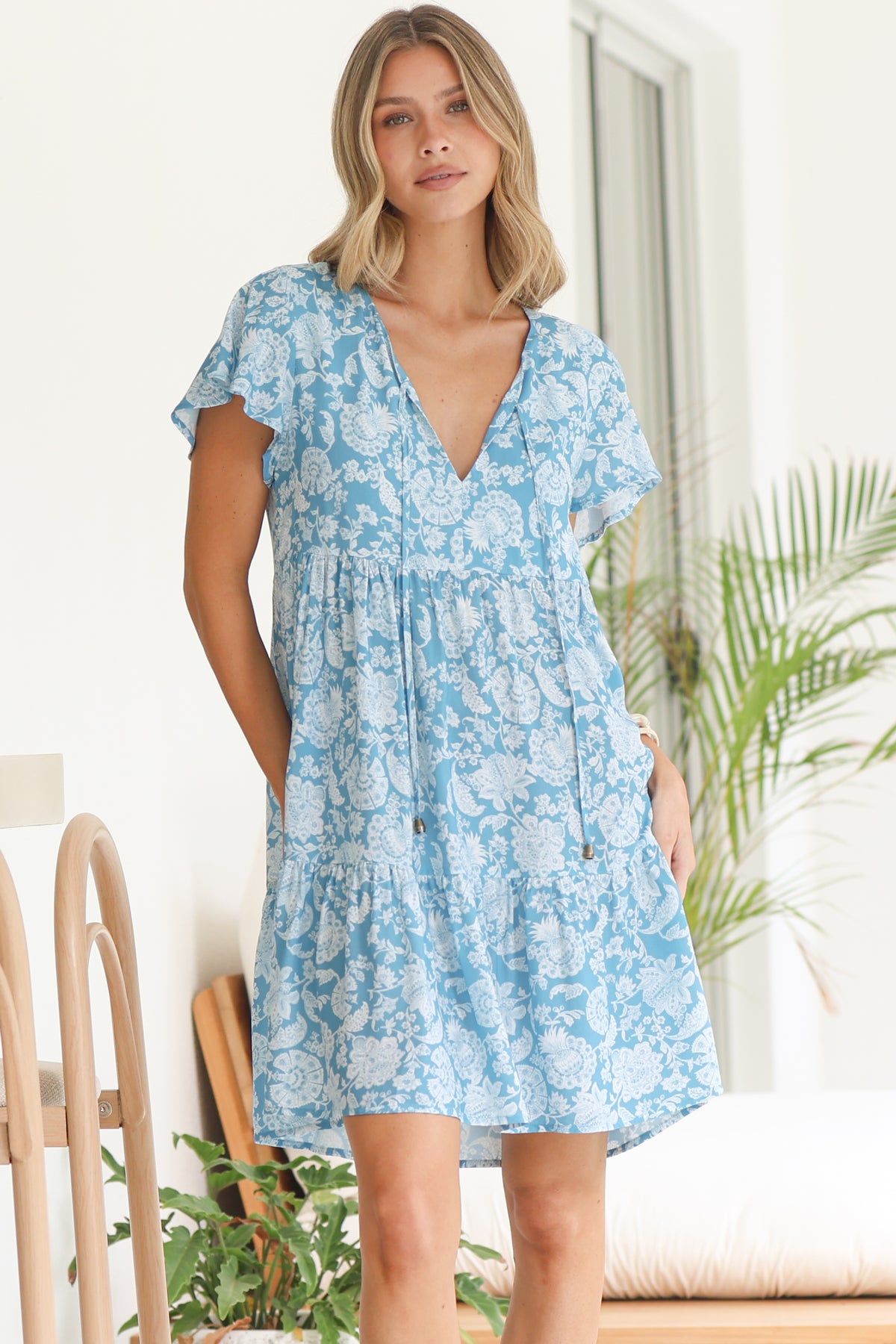 Simone Mini Dress - V Neck Tiered Dress with Flutter Sleeves in Emmie Print Aqua