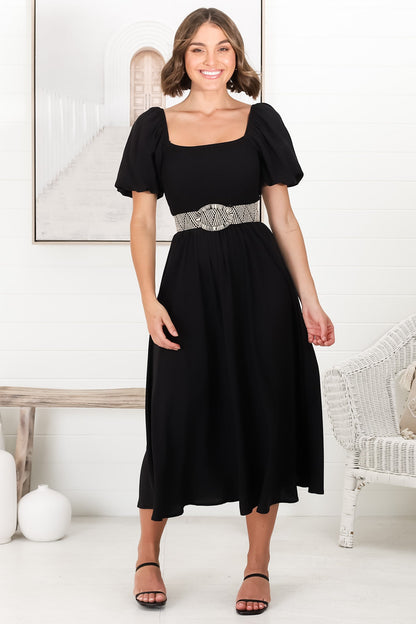Sitara Midi Dress - On or Off Shoulder Elasticated Bodice Dress with Short Balloon Sleeves in Black
