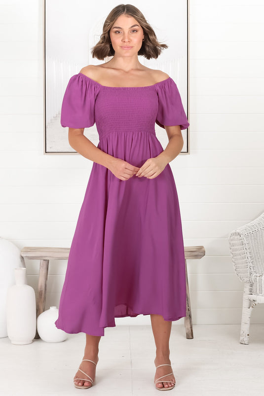 Sitara Midi Dress - On or Off Shoulder Elasticated Bodice Dress with Short Balloon Sleeves in Purple