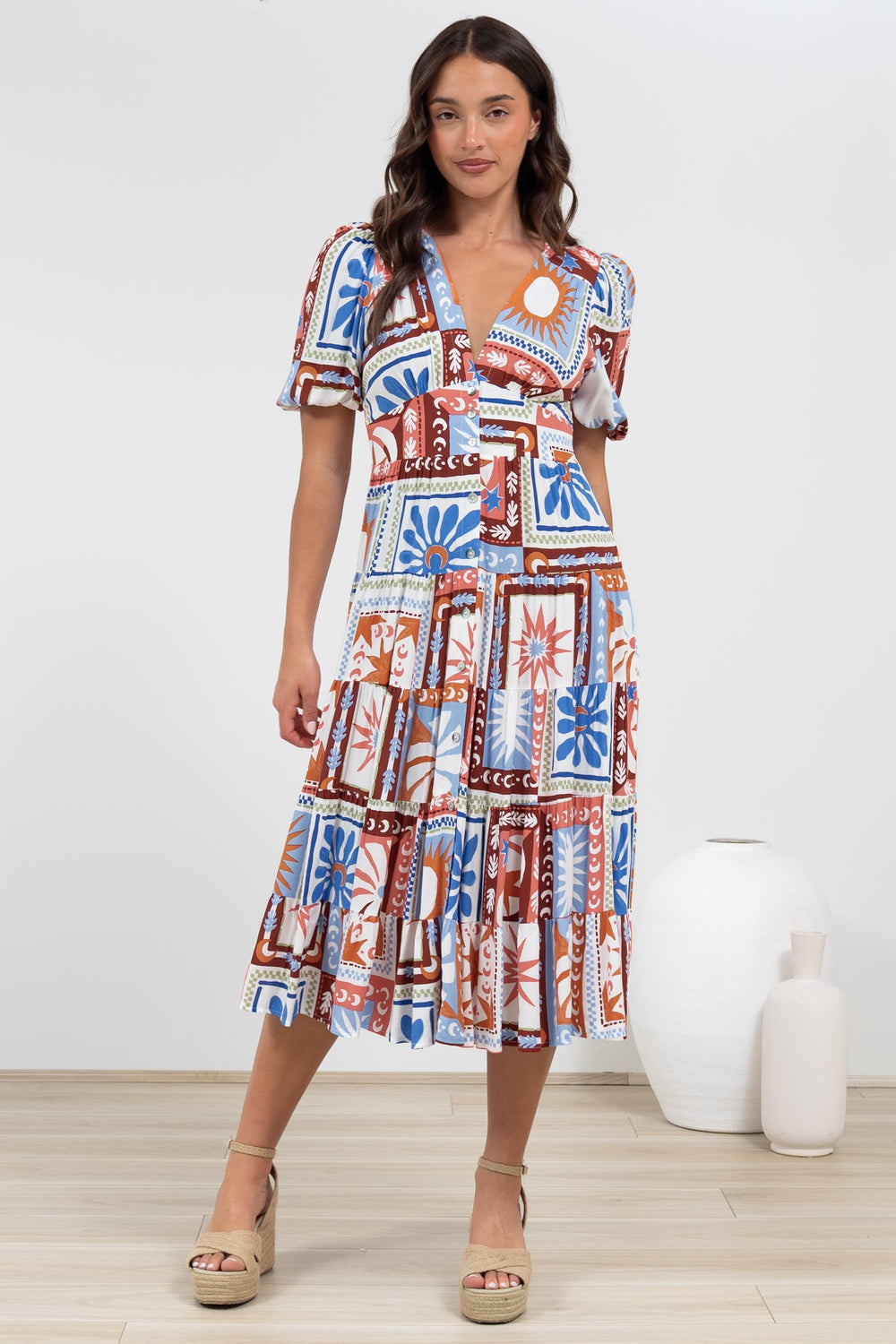Sivana Midi Dress - V-Neck Buttoned Down Dress with Short Sleeves in Lirael Print