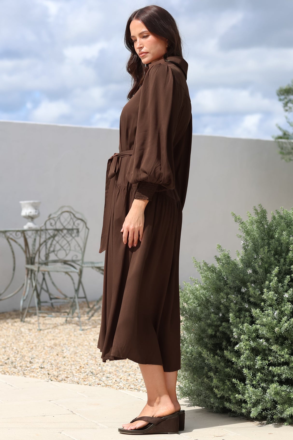 Skandi Midi Dress - Button Down Billow Sleeve Shirt Dress with Waist Tie in Chocolate
