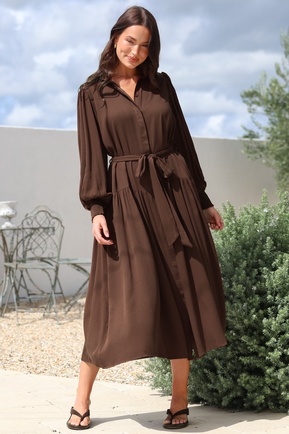 Model wearing Skandi Midi Dress in Chocolate from Salty Crush