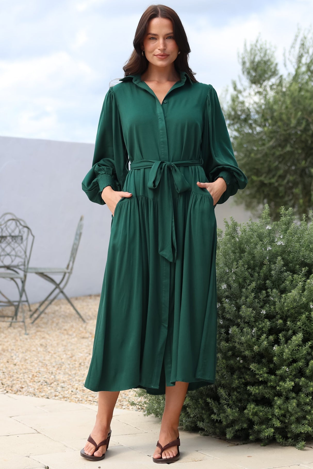Skandi Midi Dress - Button Down Billow Sleeve Shirt Dress with Waist Tie in Emerald