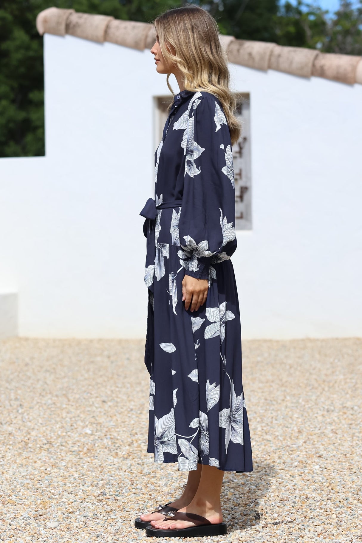 Skandi Midi Dress - Button Down Billow Sleeve Shirt Dress with Waist Tie in Midnight Lily Print