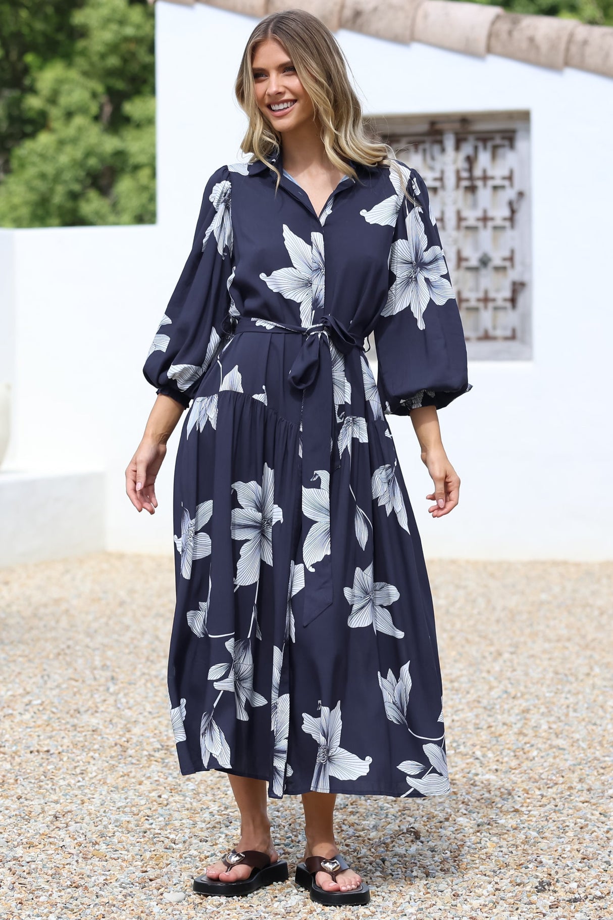 Skandi Midi Dress - Button Down Billow Sleeve Shirt Dress with Waist Tie in Midnight Lily Print