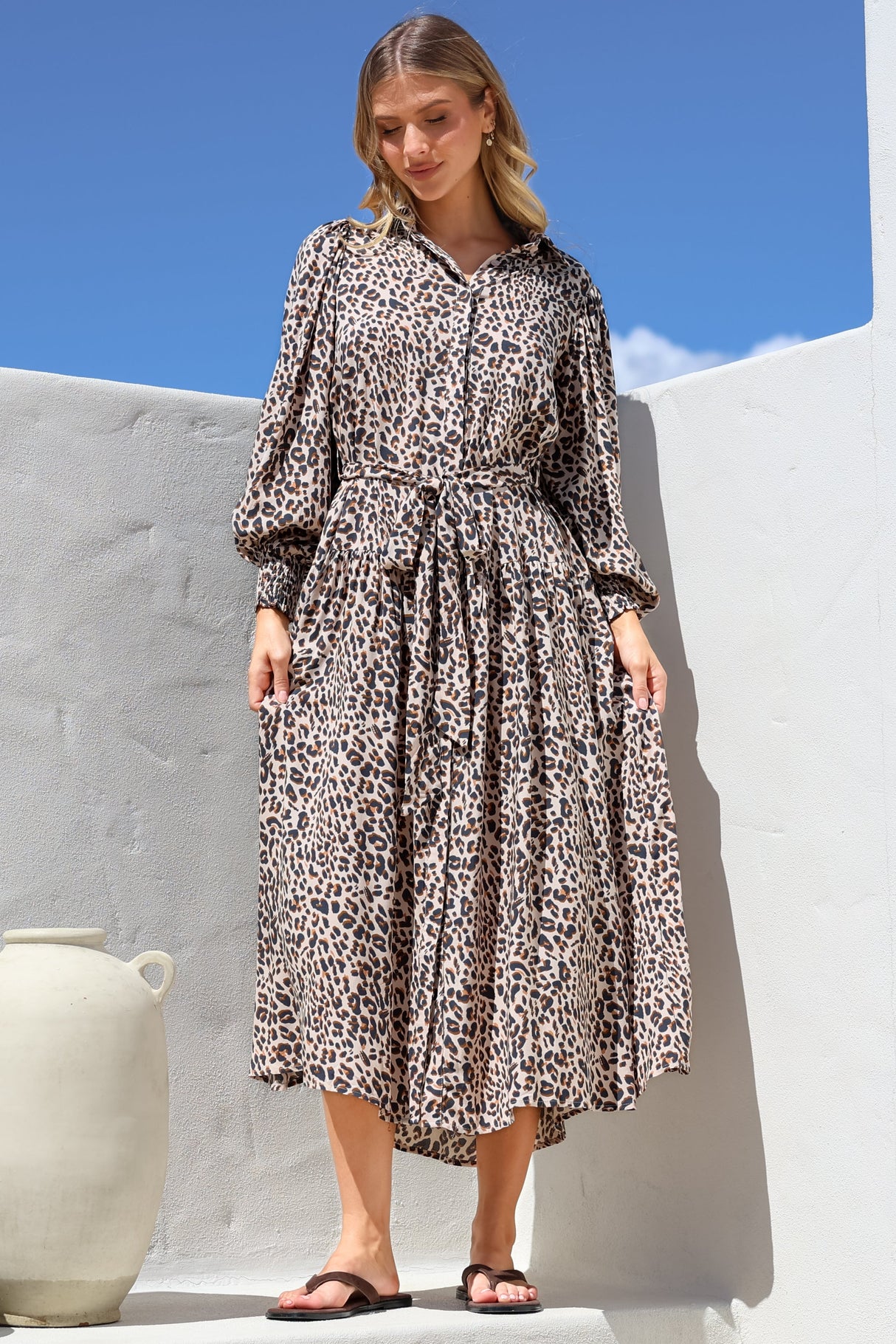 Skandi Midi Dress - Button Down Billow Sleeve Shirt Dress with Waist Tie in Perrie Print