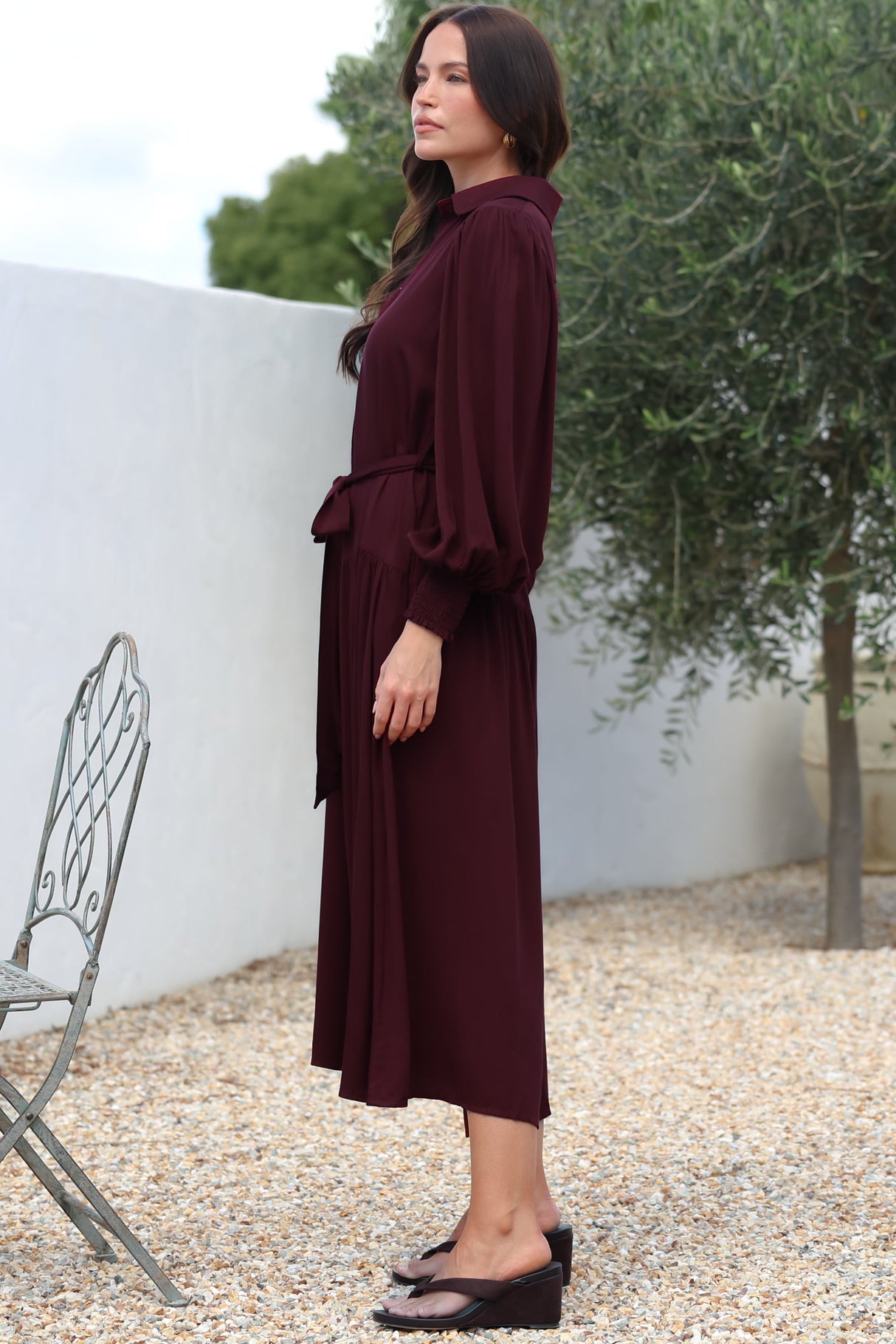 Skandi Midi Dress - Button Down Billow Sleeve Shirt Dress with Waist Tie in Wine