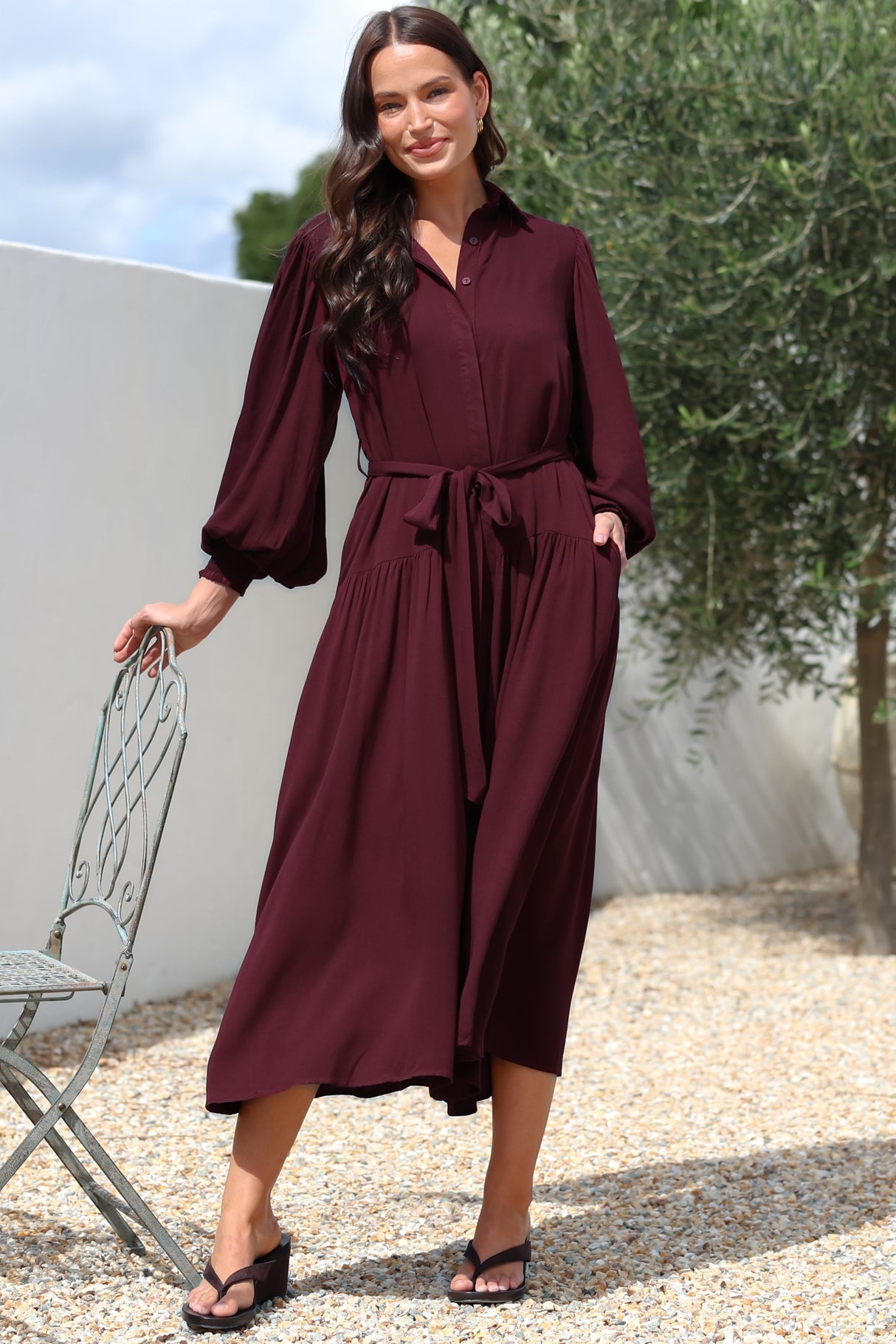 Skandi Midi Dress - Button Down Billow Sleeve Shirt Dress with Waist Tie in Wine