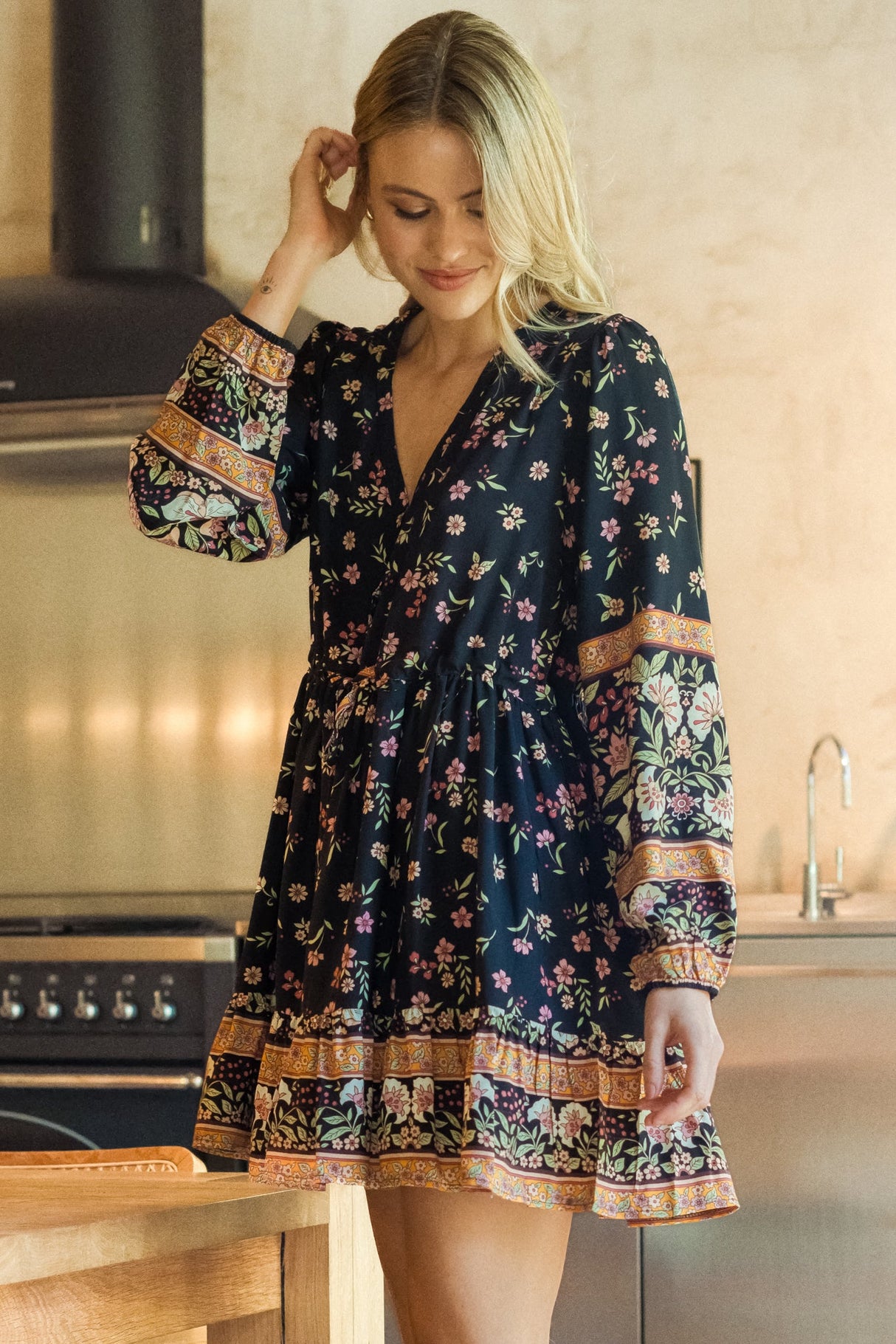 JAASE - Sky Mini Dress: V-Neck Long Balloon Sleeve Dress with Waist Tie in Eternity Print