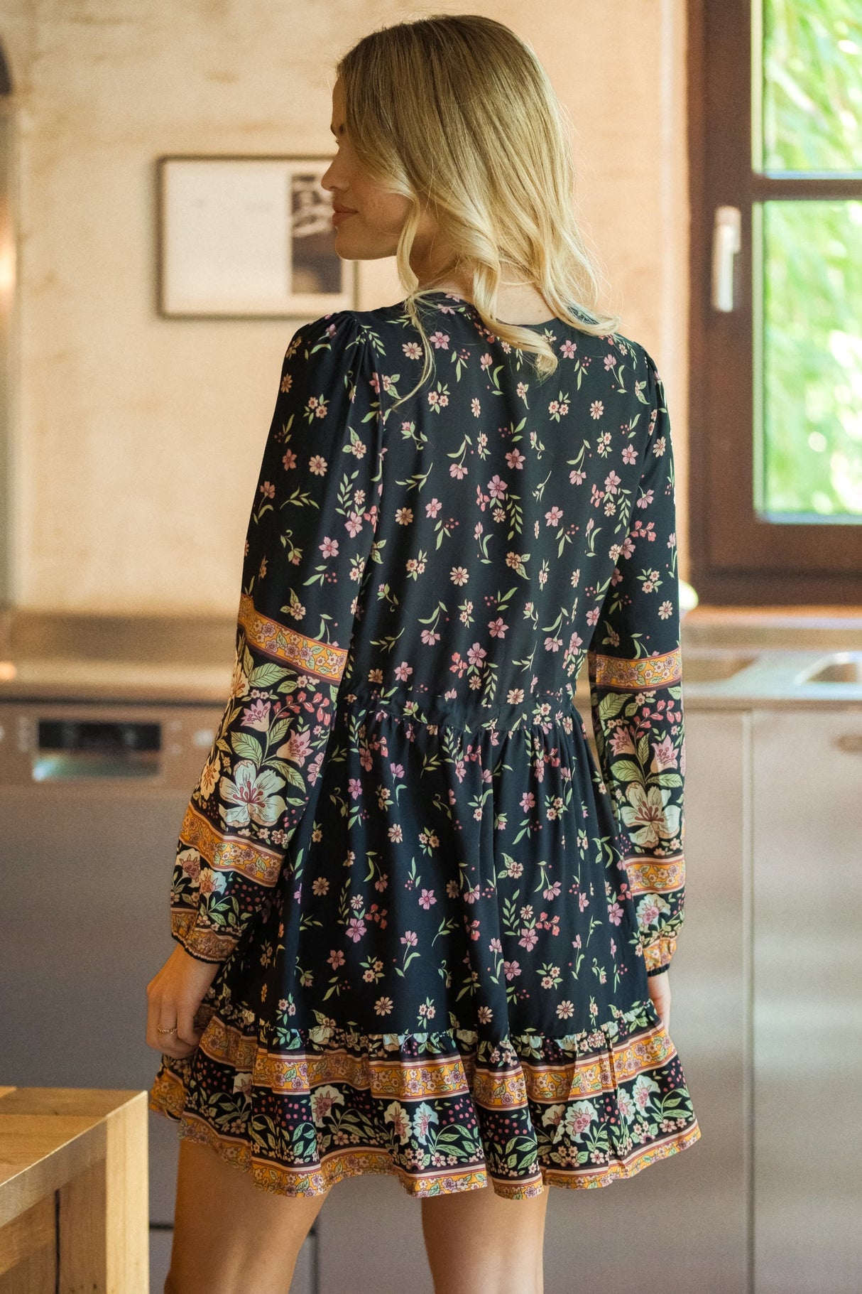 JAASE - Sky Mini Dress: V-Neck Long Balloon Sleeve Dress with Waist Tie in Eternity Print