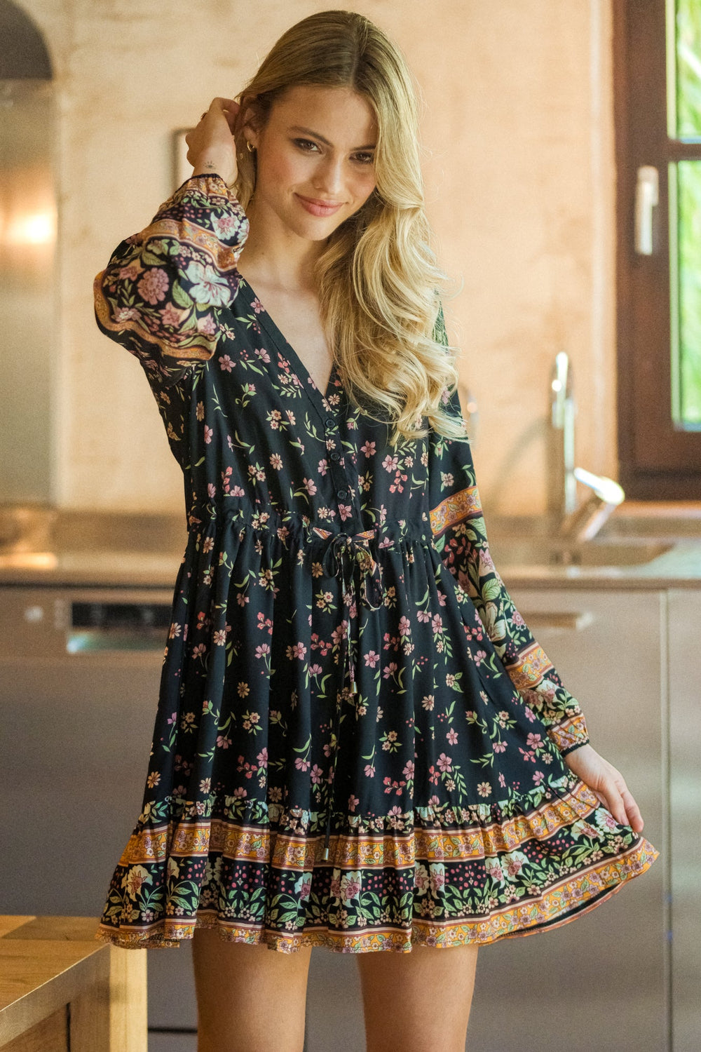 JAASE - Sky Mini Dress: V-Neck Long Balloon Sleeve Dress with Waist Tie in Eternity Print