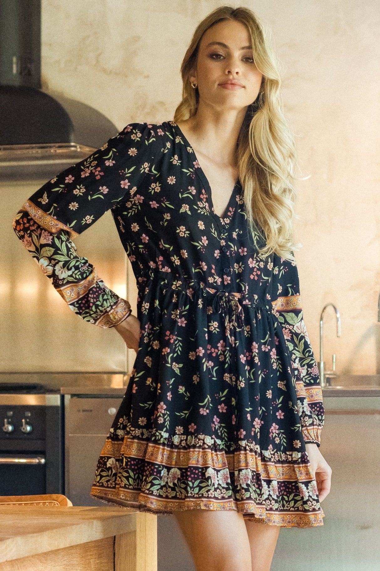 JAASE - Sky Mini Dress: V-Neck Long Balloon Sleeve Dress with Waist Tie in Eternity Print