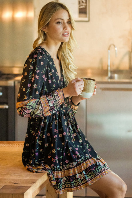 Sky Mini Dress - V-Neck Long Balloon Sleeve Dress with Waist Tie in Eternity Print