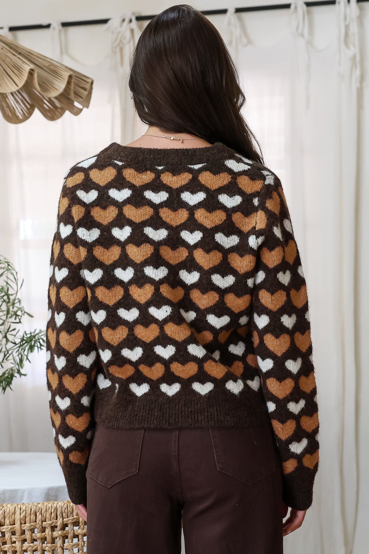 Skye Jumper - Crew Neck Contrast Heart Motif Knit in Coffee