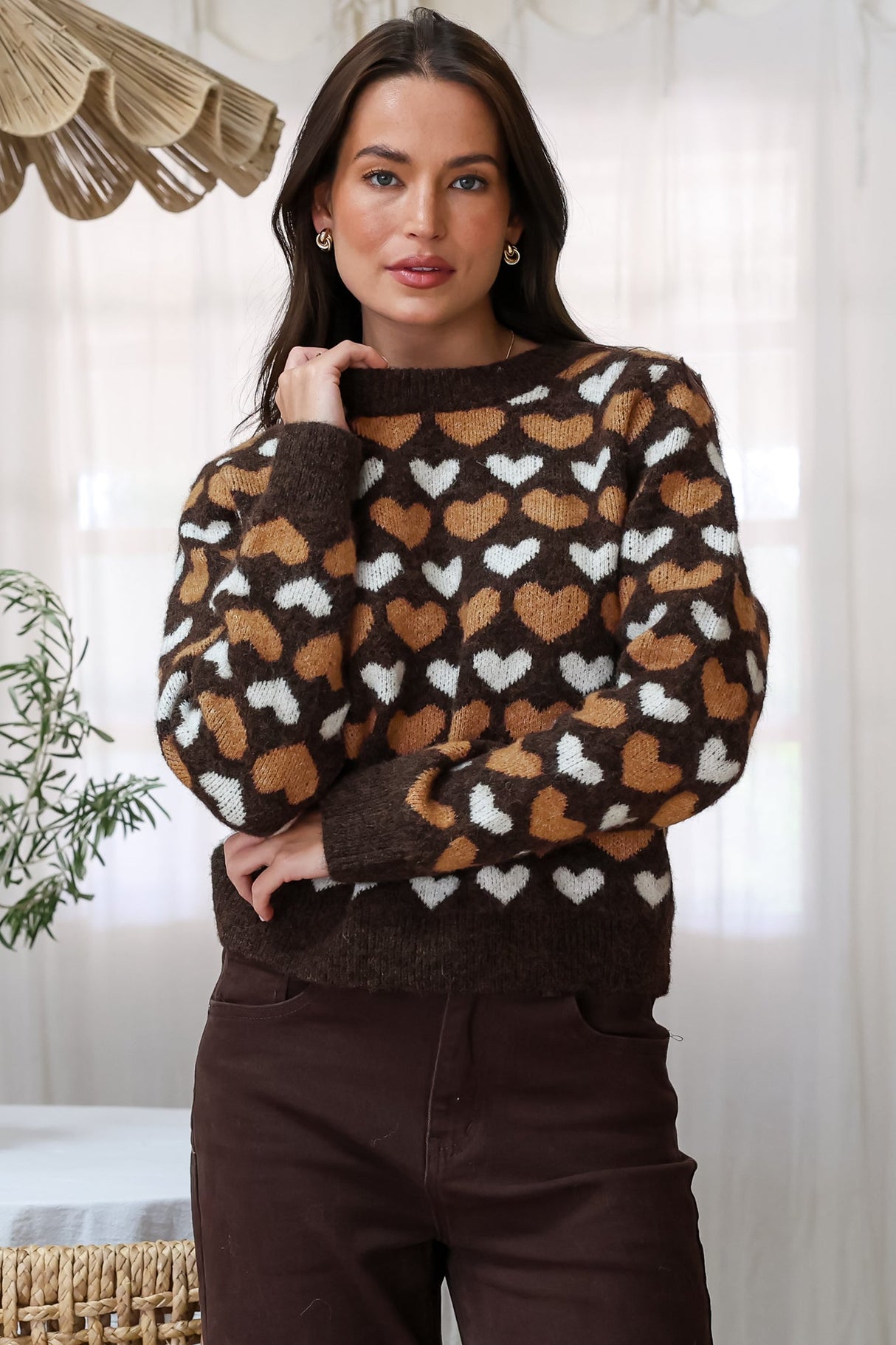 Skye Jumper - Crew Neck Contrast Heart Motif Knit in Coffee