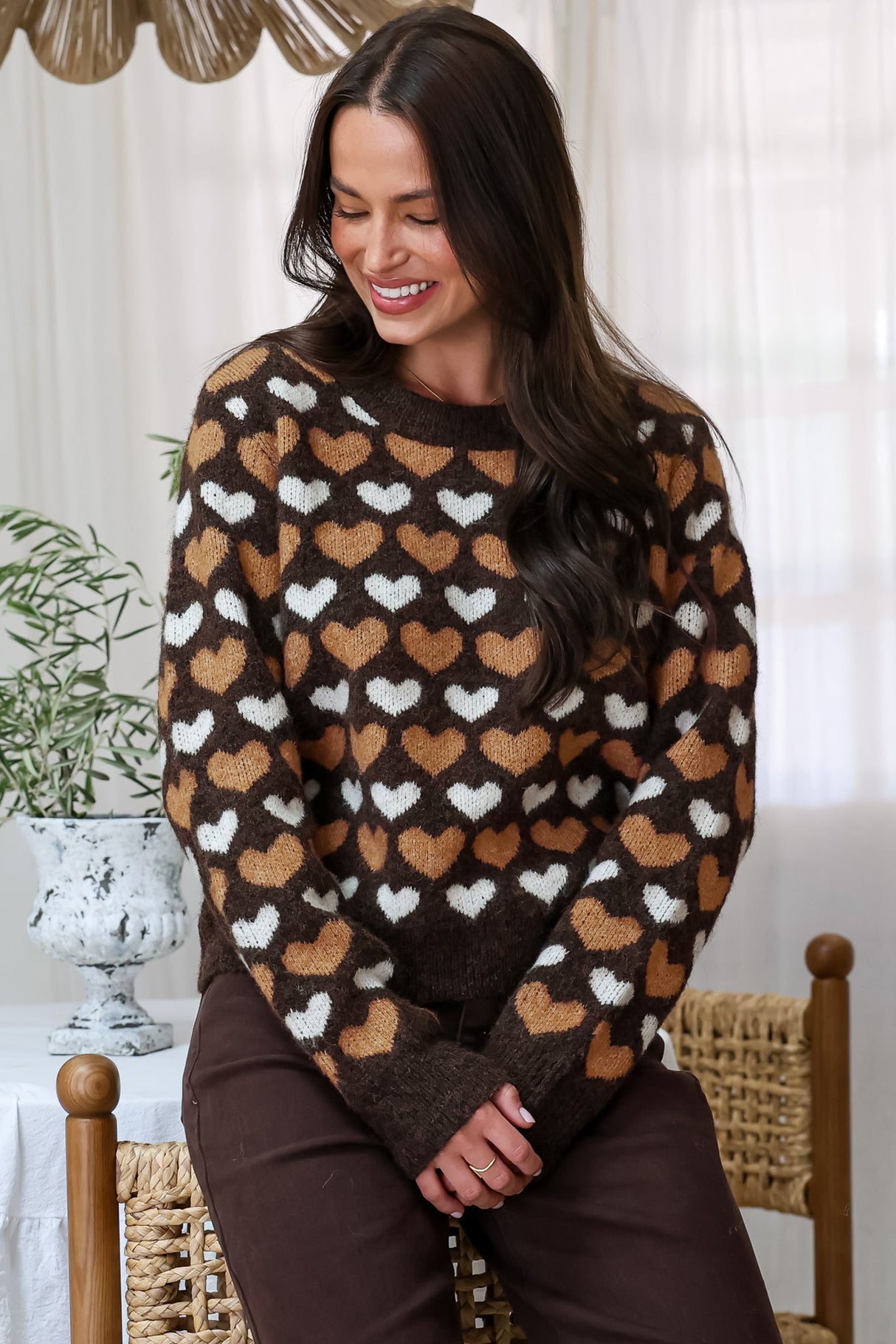 Skye Jumper - Crew Neck Contrast Heart Motif Knit in Coffee