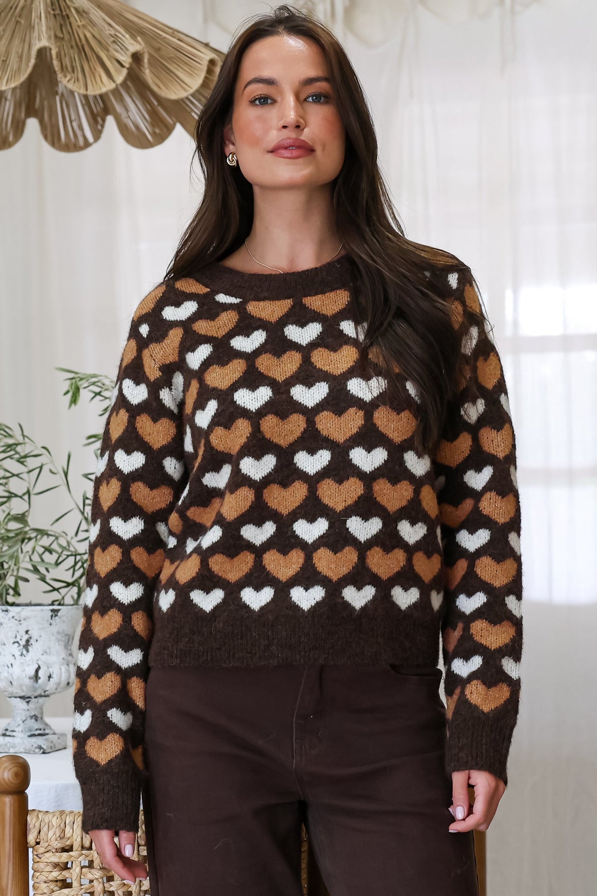 Skye Jumper - Crew Neck Contrast Heart Motif Knit in Coffee