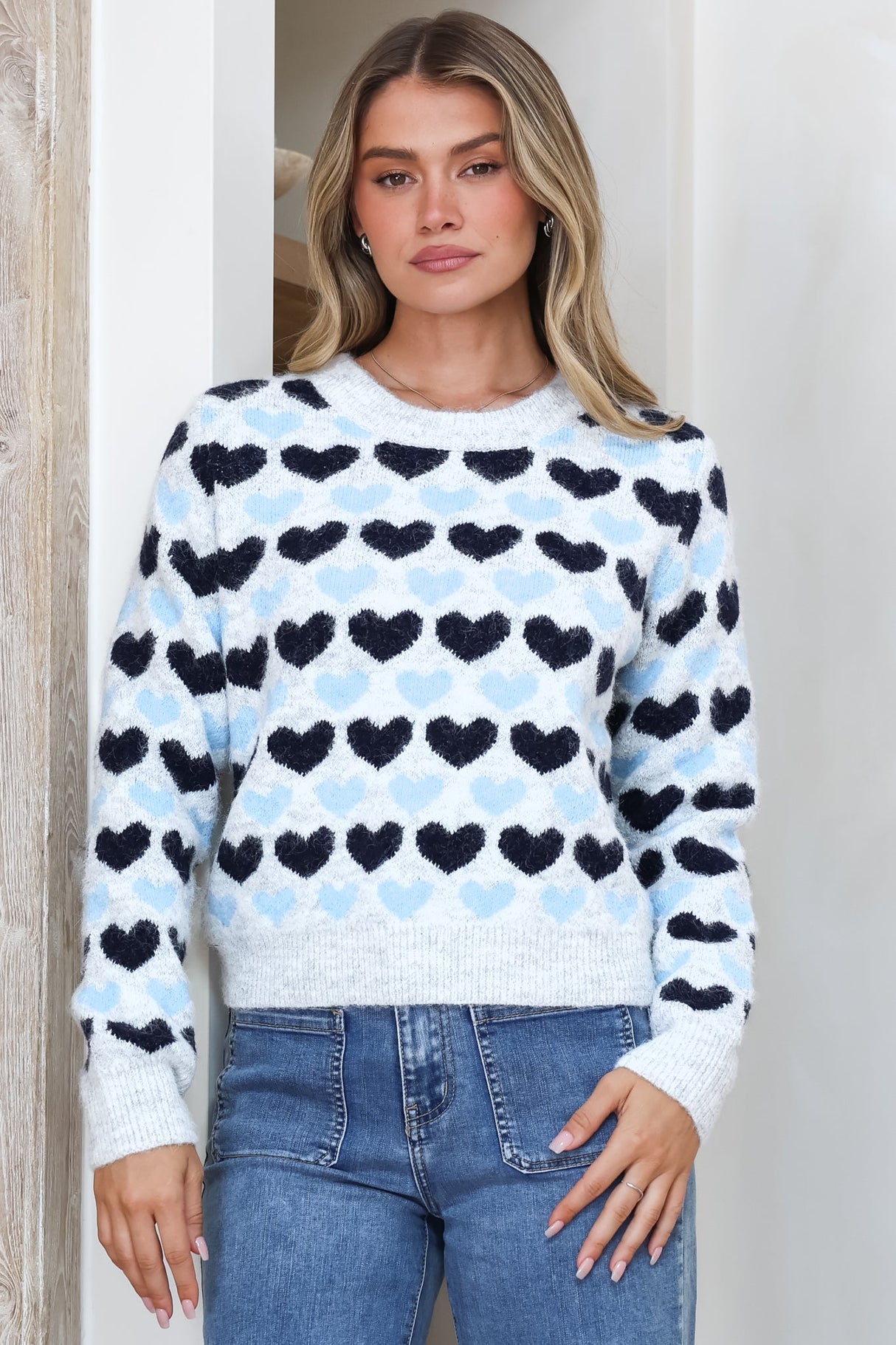 Skye Jumper - Crew Neck Contrast Heart Motif Knit in Grey