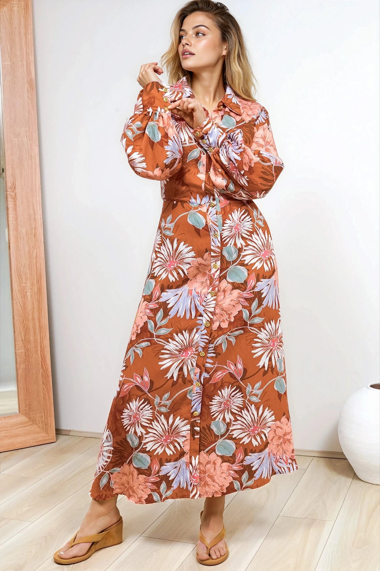 Sloane Maxi Dress - Collared Button Down Shirt Dress with Wrap Waist Tie in Perla Print