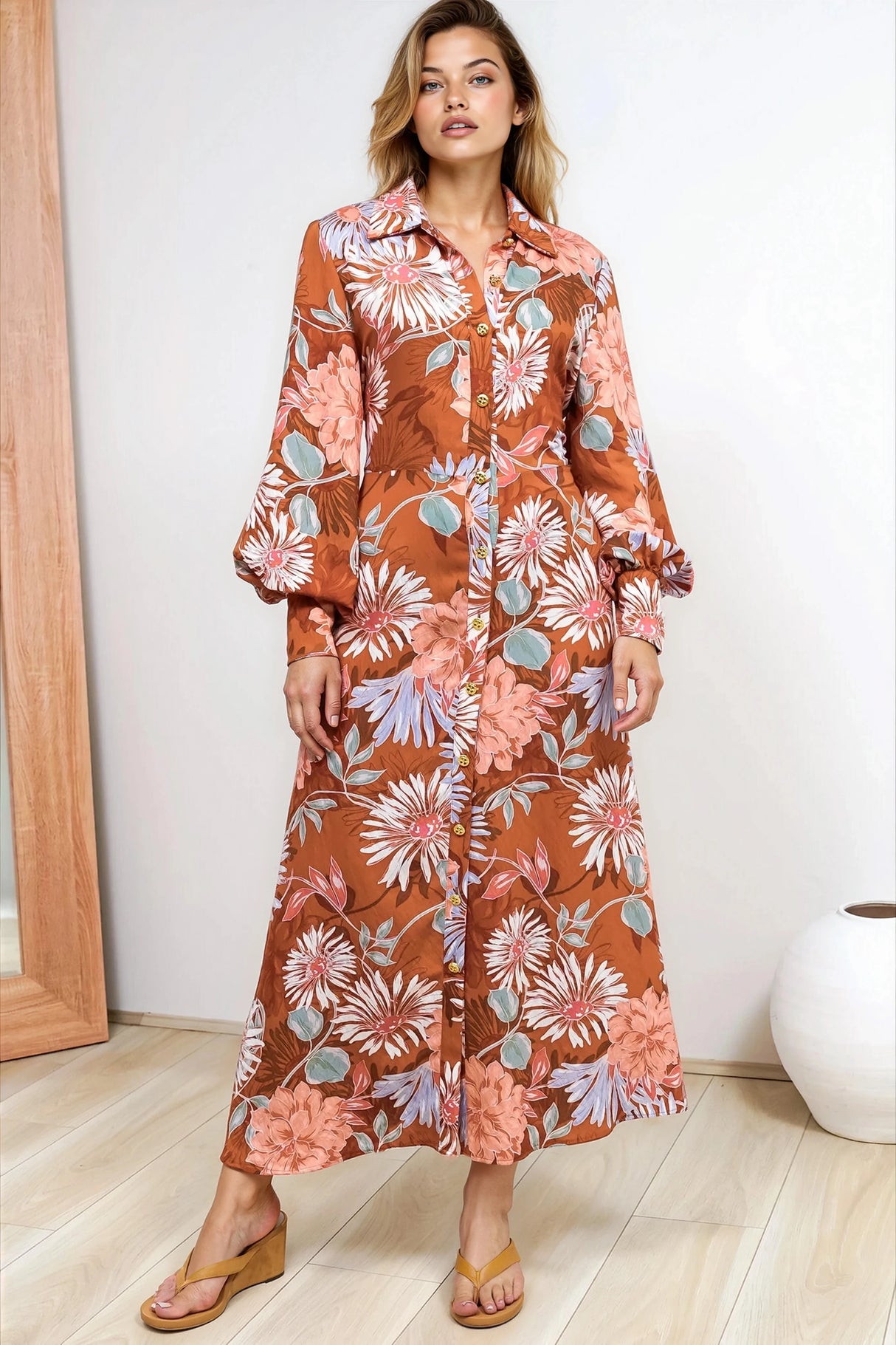 Sloane Maxi Dress - Collared Button Down Shirt Dress with Wrap Waist Tie in Perla Print