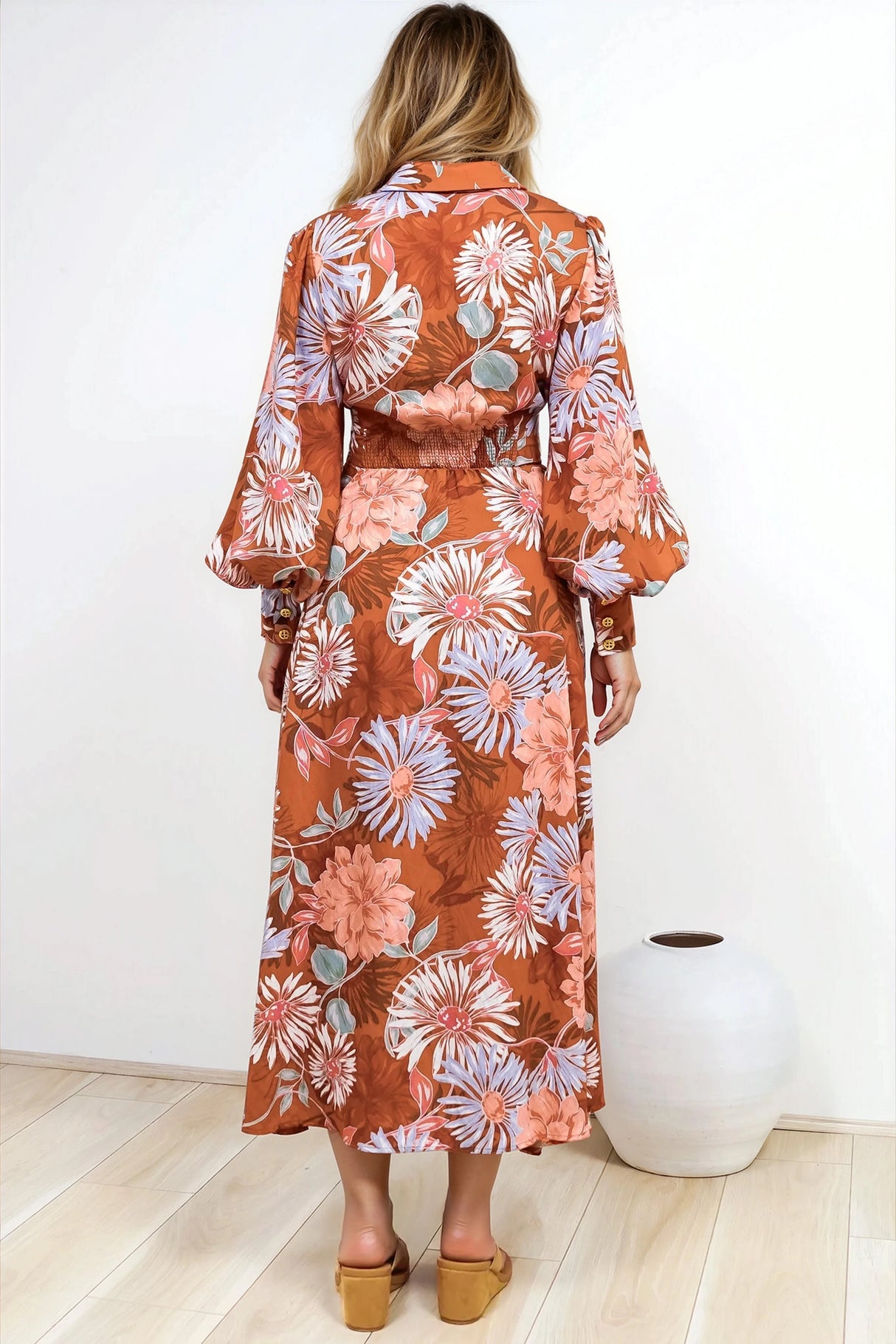 Sloane Maxi Dress - Collared Button Down Shirt Dress with Wrap Waist Tie in Perla Print