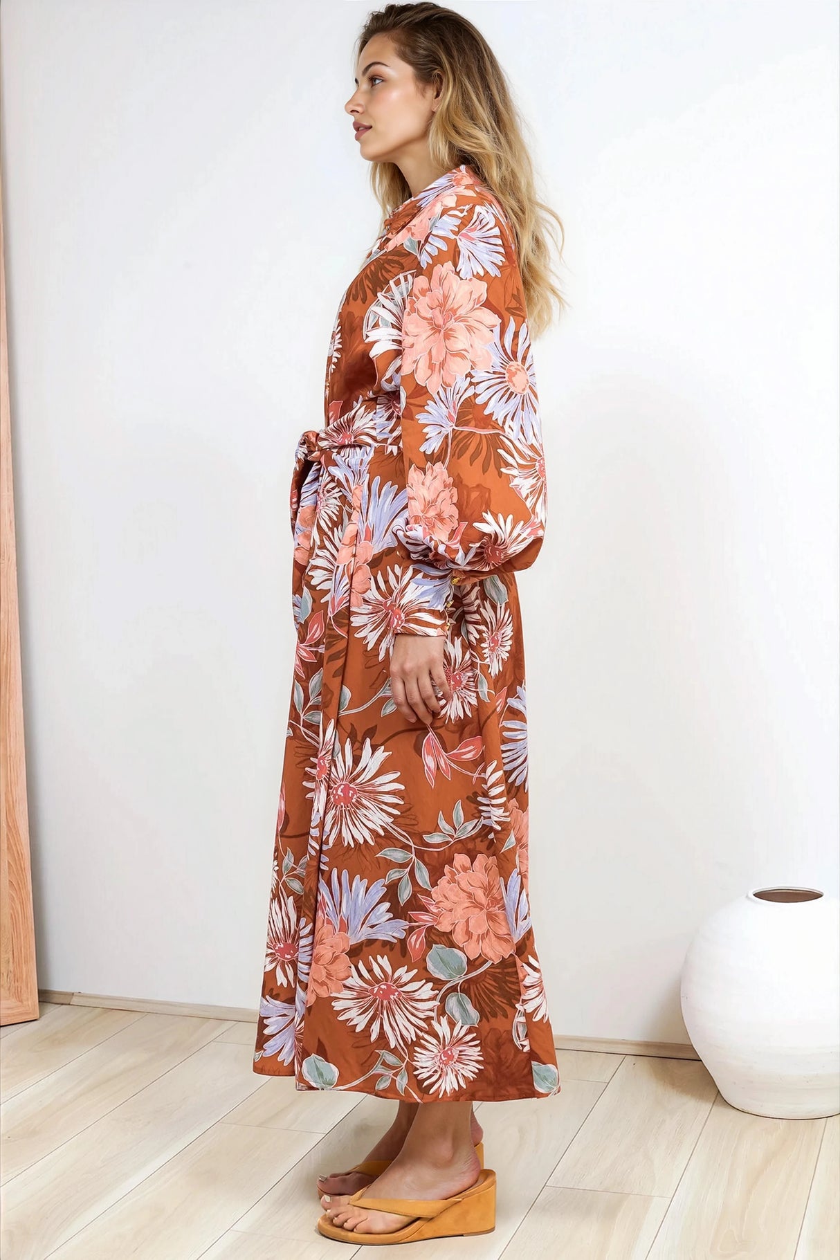 Sloane Maxi Dress - Collared Button Down Shirt Dress with Wrap Waist Tie in Perla Print